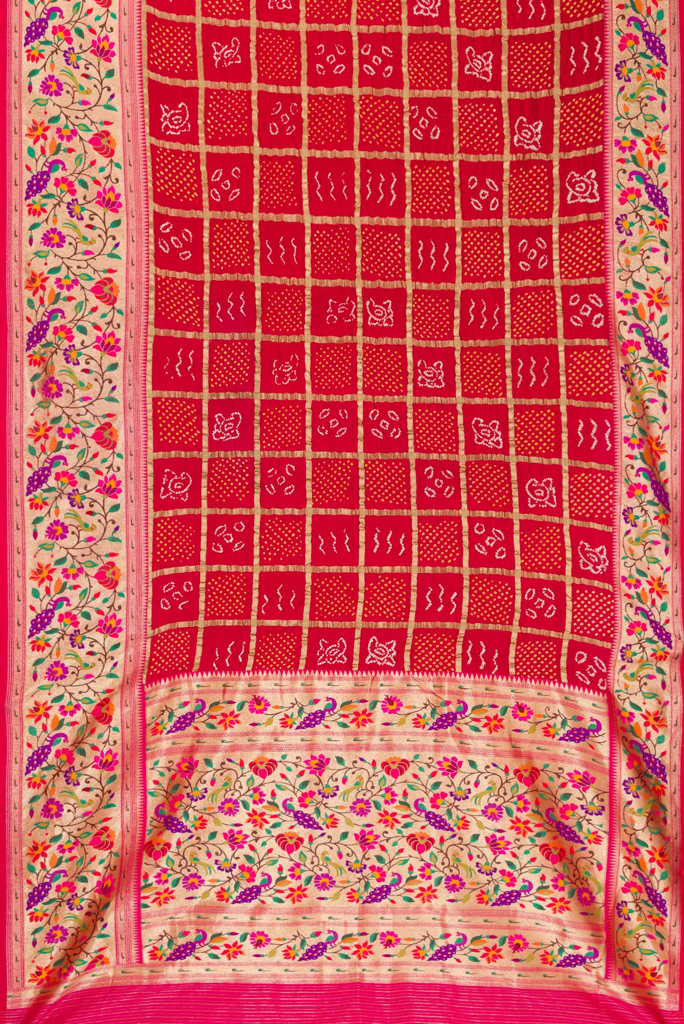 Flat view of Red Dual Tone Bandhani Silk Saree with Bandhani Print on the body and Fancy Border. 