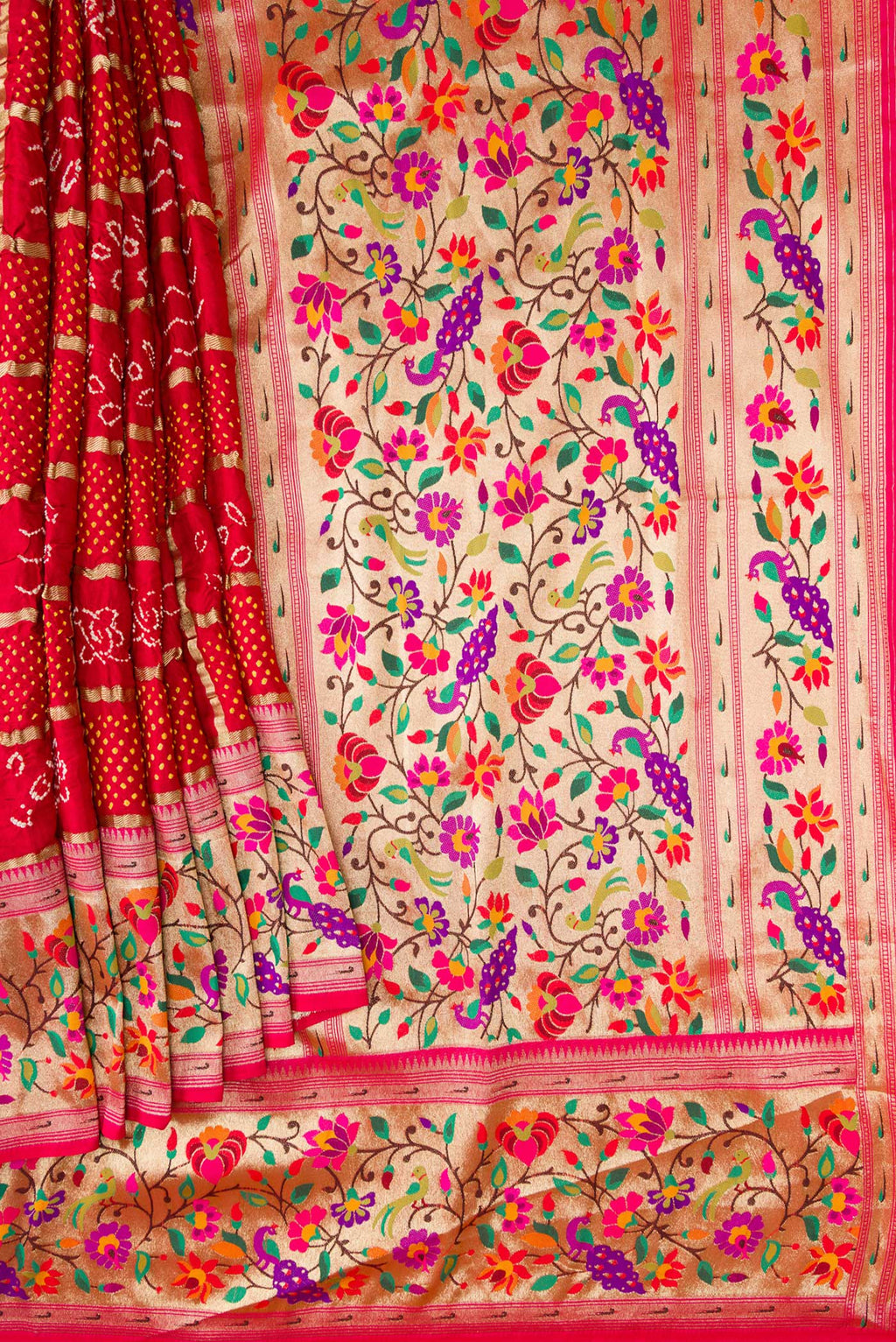 Pleats and pallu of Red Dual Tone Bandhani Silk Saree with Bandhani Print on the body and Fancy Border. 