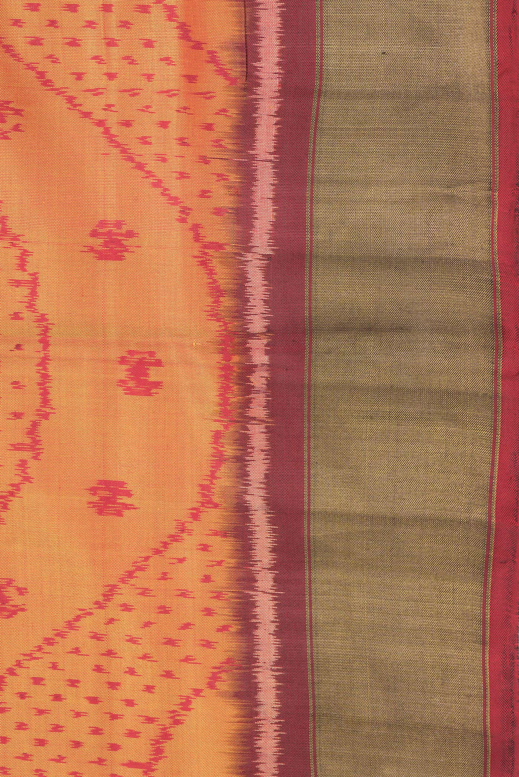 Border image of Mustard Dual Tone Rajkot Patola Silk Saree with Ikat Print on the body and Zari Border. 