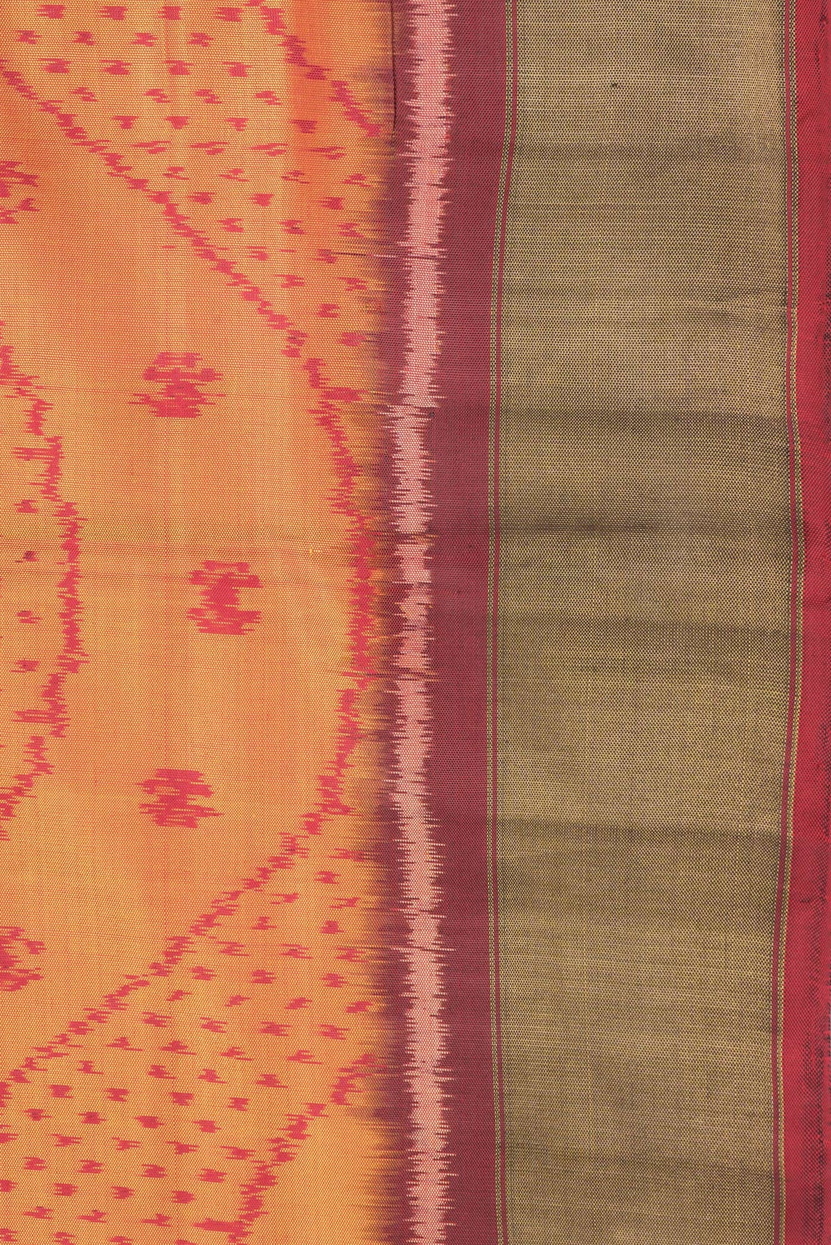Border image of Mustard Dual Tone Rajkot Patola Silk Saree with Ikat Print on the body and Zari Border. 