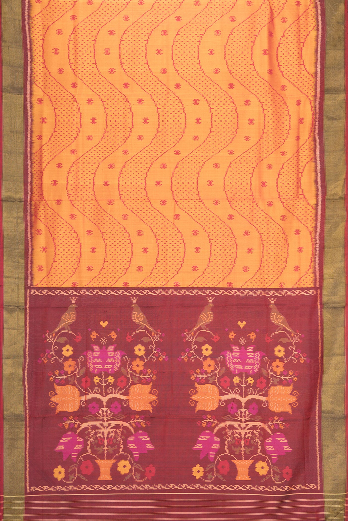 Flat view of Mustard Dual Tone Rajkot Patola Silk Saree with Ikat Print on the body and Zari Border. 