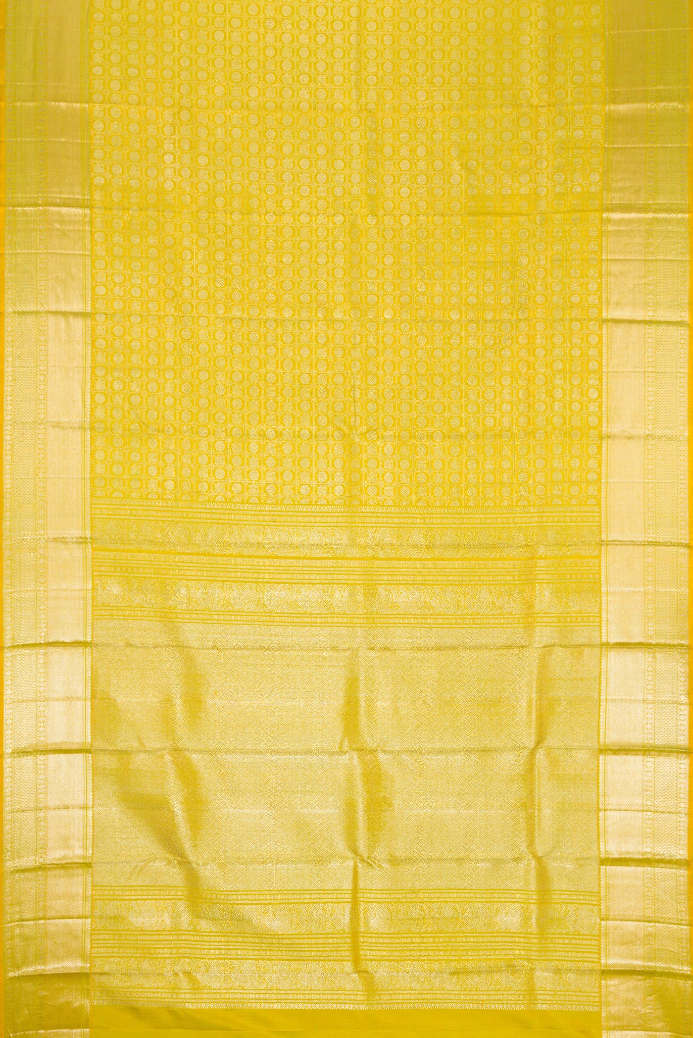 Flat view of Parrot Green Dual Tone Kanjivaram Silk Saree with Zari Brocade on the body and Zari Border. 