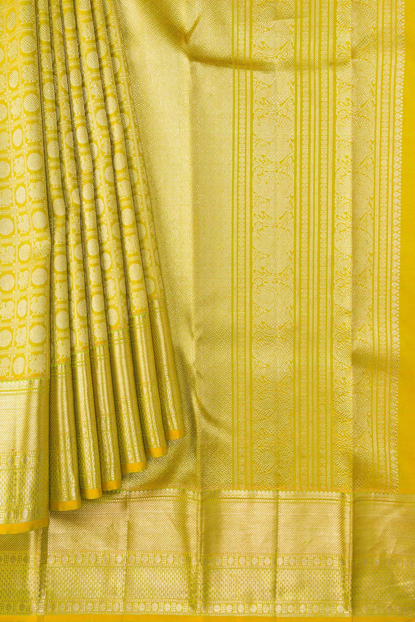 Pleats and pallu of Parrot Green Dual Tone Kanjivaram Silk Saree with Zari Brocade on the body and Zari Border. 