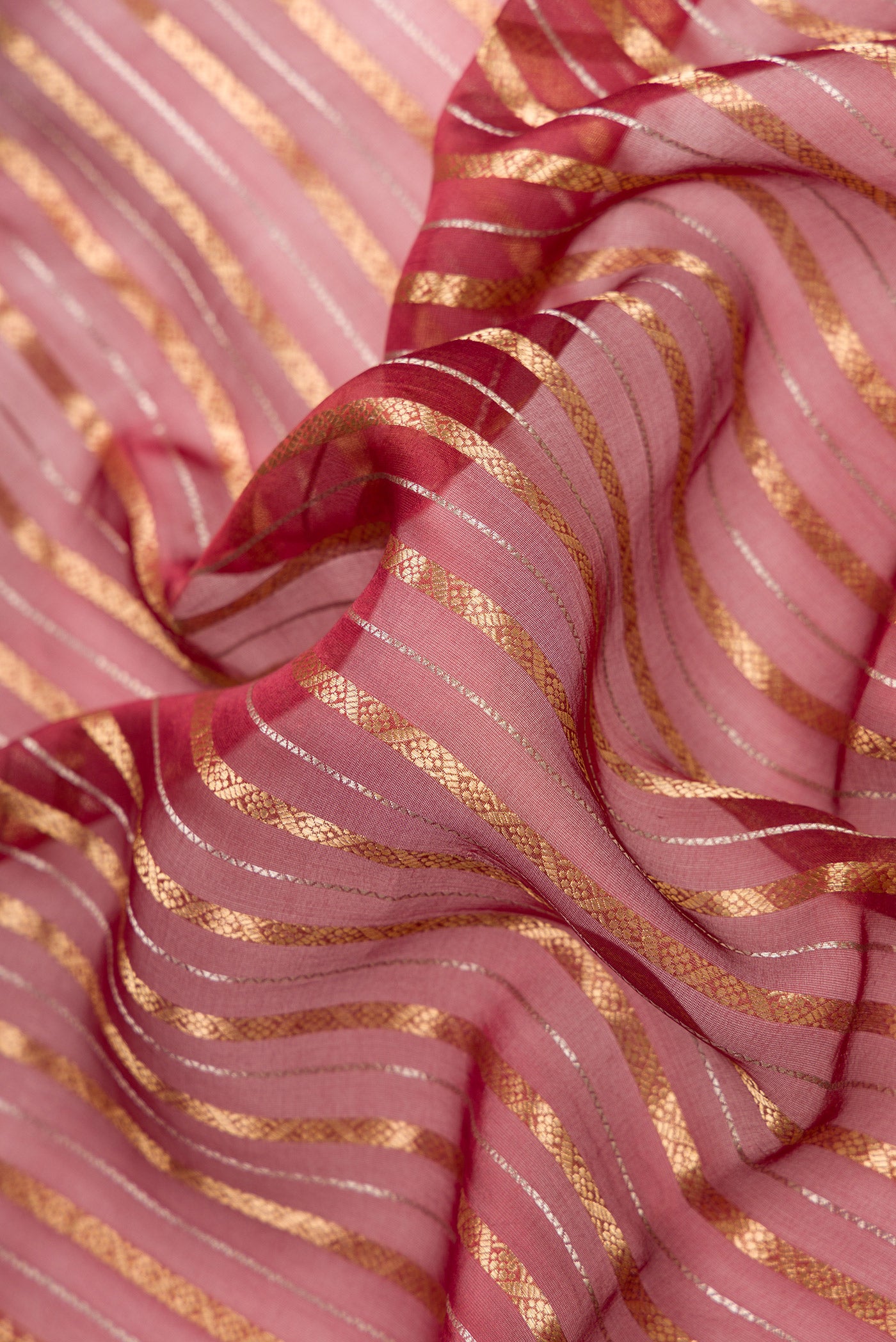 Close up of Maroon Dual Tone Organza Silk Saree with Stripes on the body and Zari Border.  displaying folds
