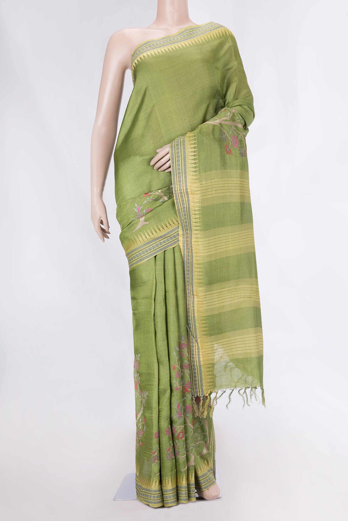 Green Dual Tone Tussar Saree with Plain Body and Fancy Border displayed on a mannequin