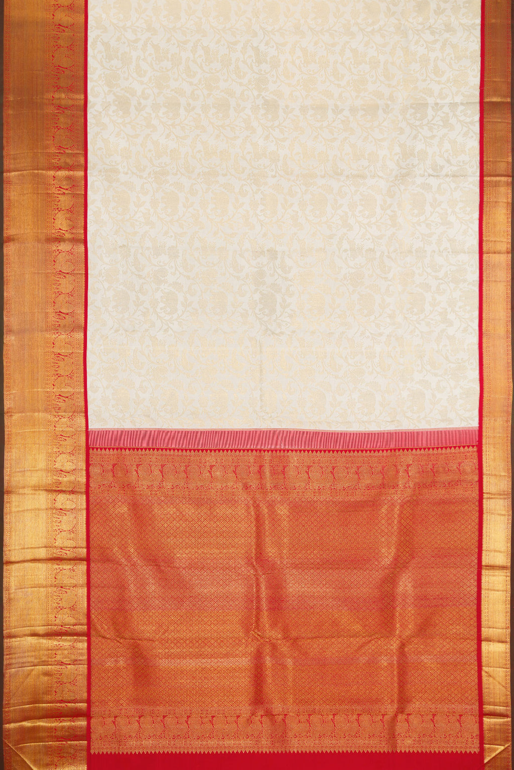 Flat view of Off White Dual Tone Kanchipuram Silk Saree with Zari Brocade on the body and Zari Border. 