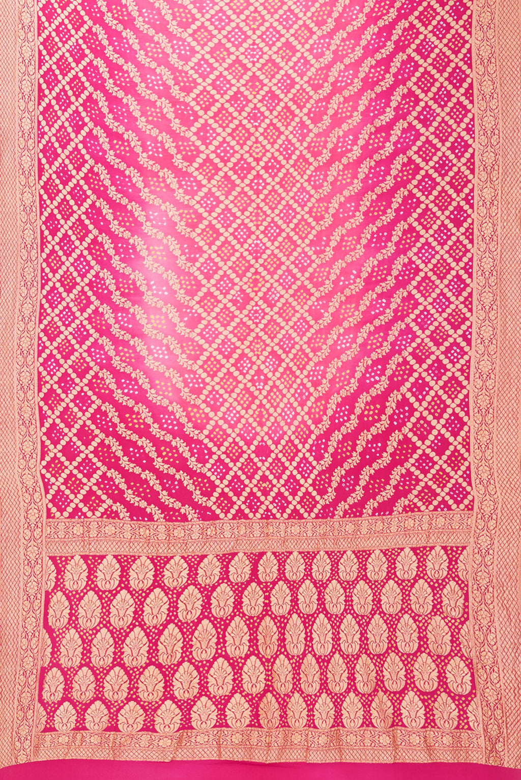 Flat view of Pink Bandhani Georgette Saree with Zari Brocade on the body and Zari Border. 