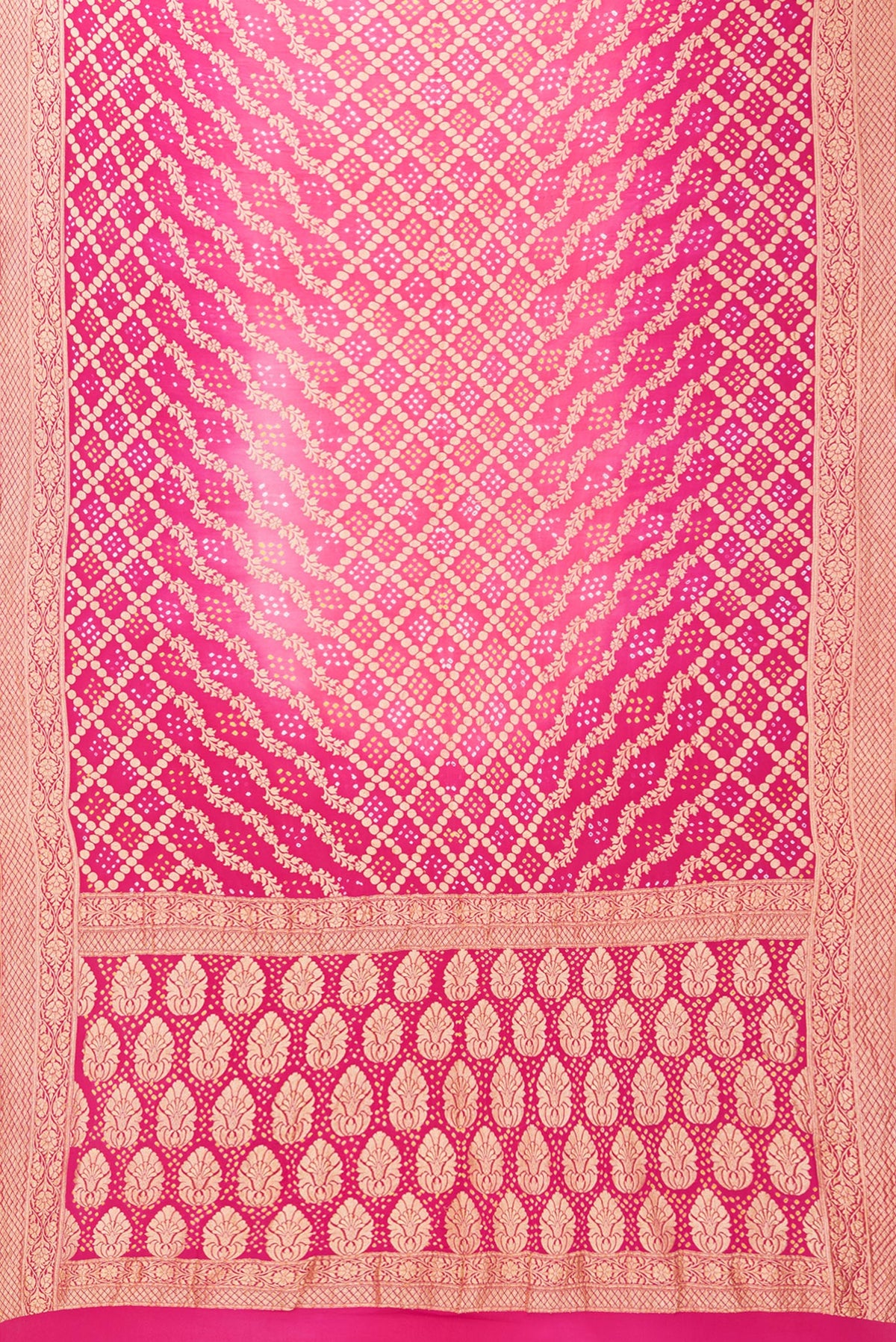 Flat view of Pink Bandhani Georgette Saree with Zari Brocade on the body and Zari Border. 