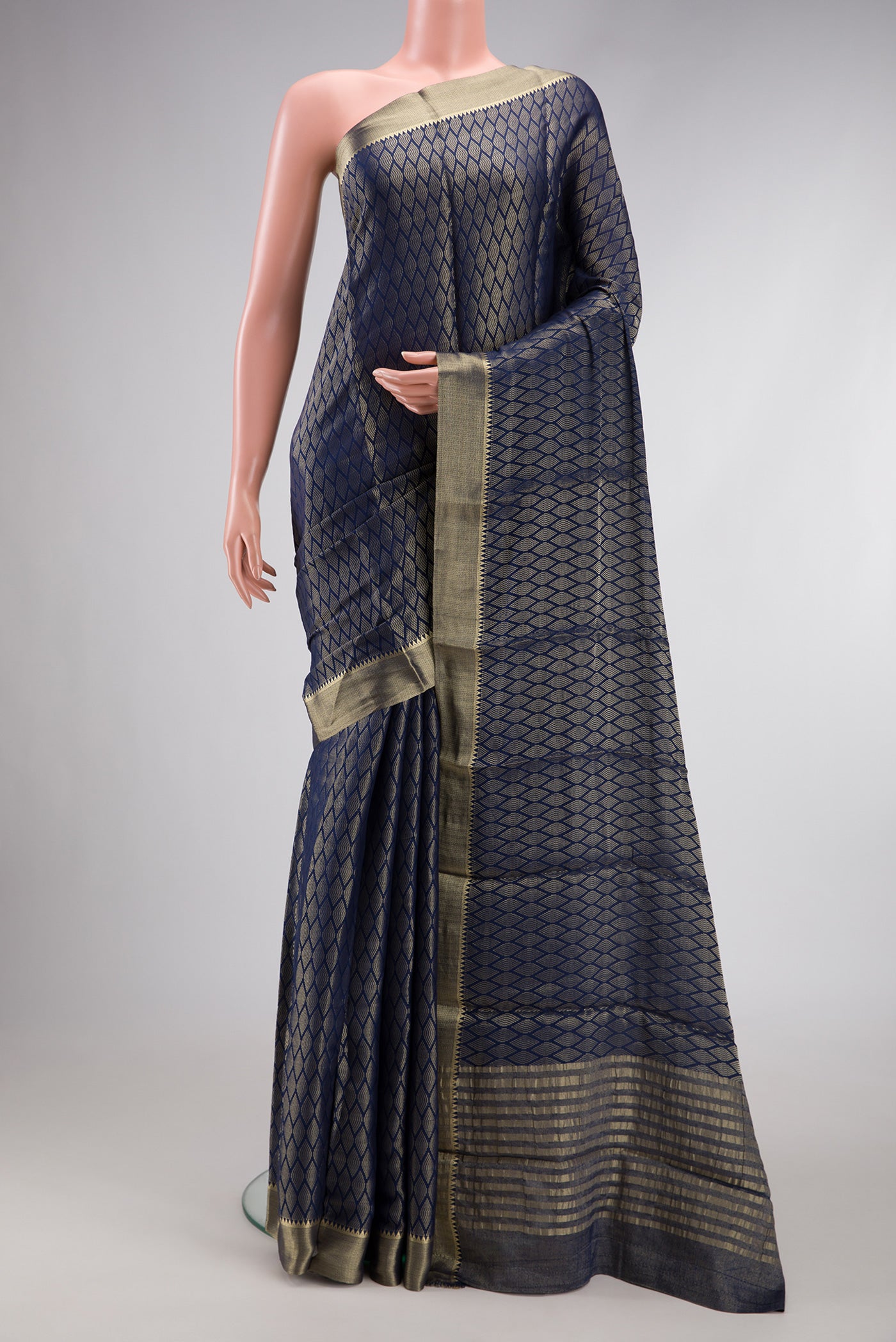 Royal Blue Dual Tone Georgette Saree with Zari Brocade on the body and Zari Border.  displayed on a mannequin