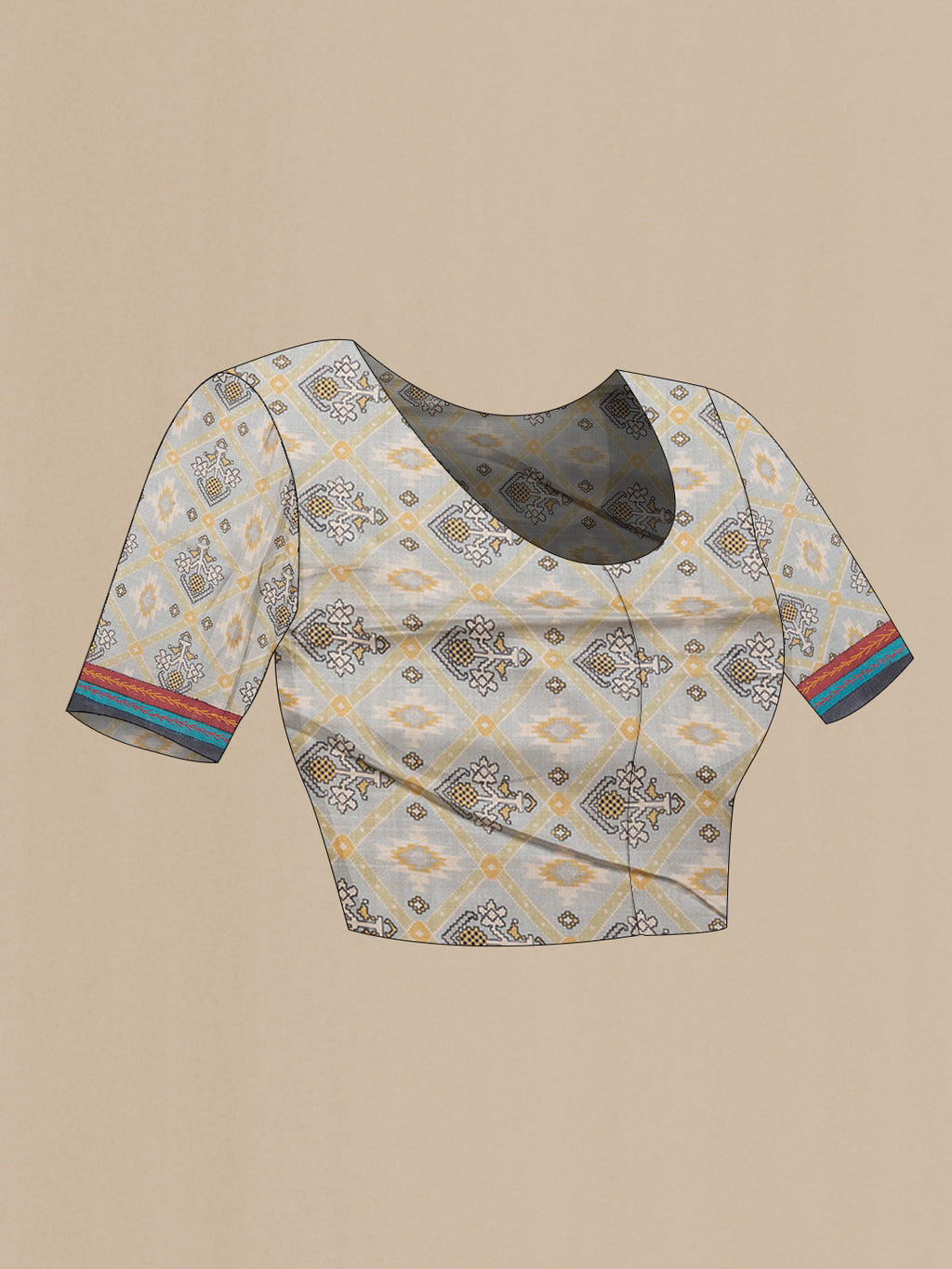 Close up image of the blouse of Grey Dual Tone Tussar Silk Saree with Printed design on the body and Embroidery Border. 