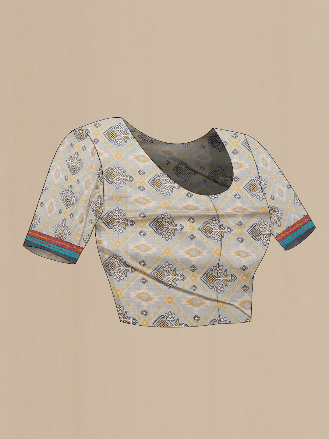 Close up image of the blouse of Grey Dual Tone Tussar Silk Saree with Printed design on the body and Embroidery Border. 