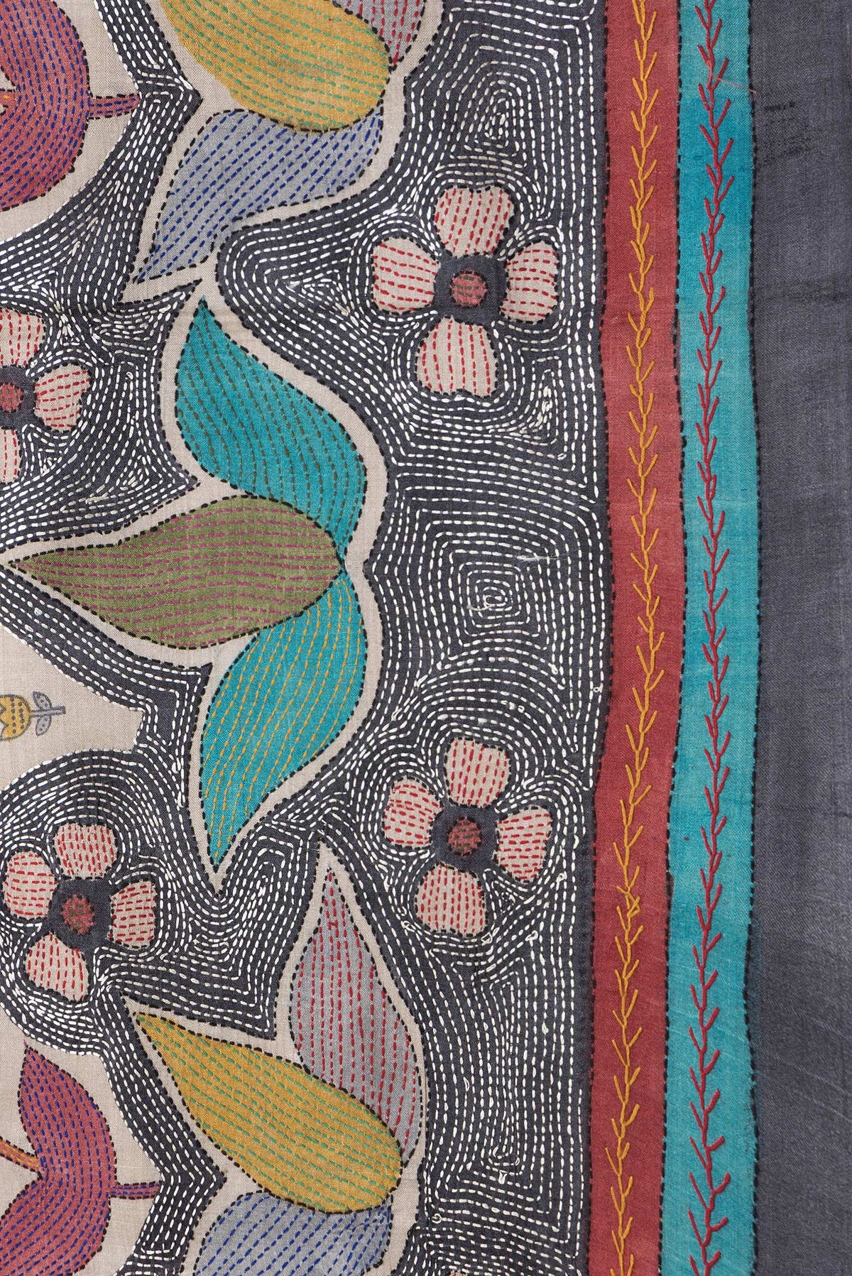 Border image of Grey Dual Tone Tussar Silk Saree with Printed design on the body and Embroidery Border. 