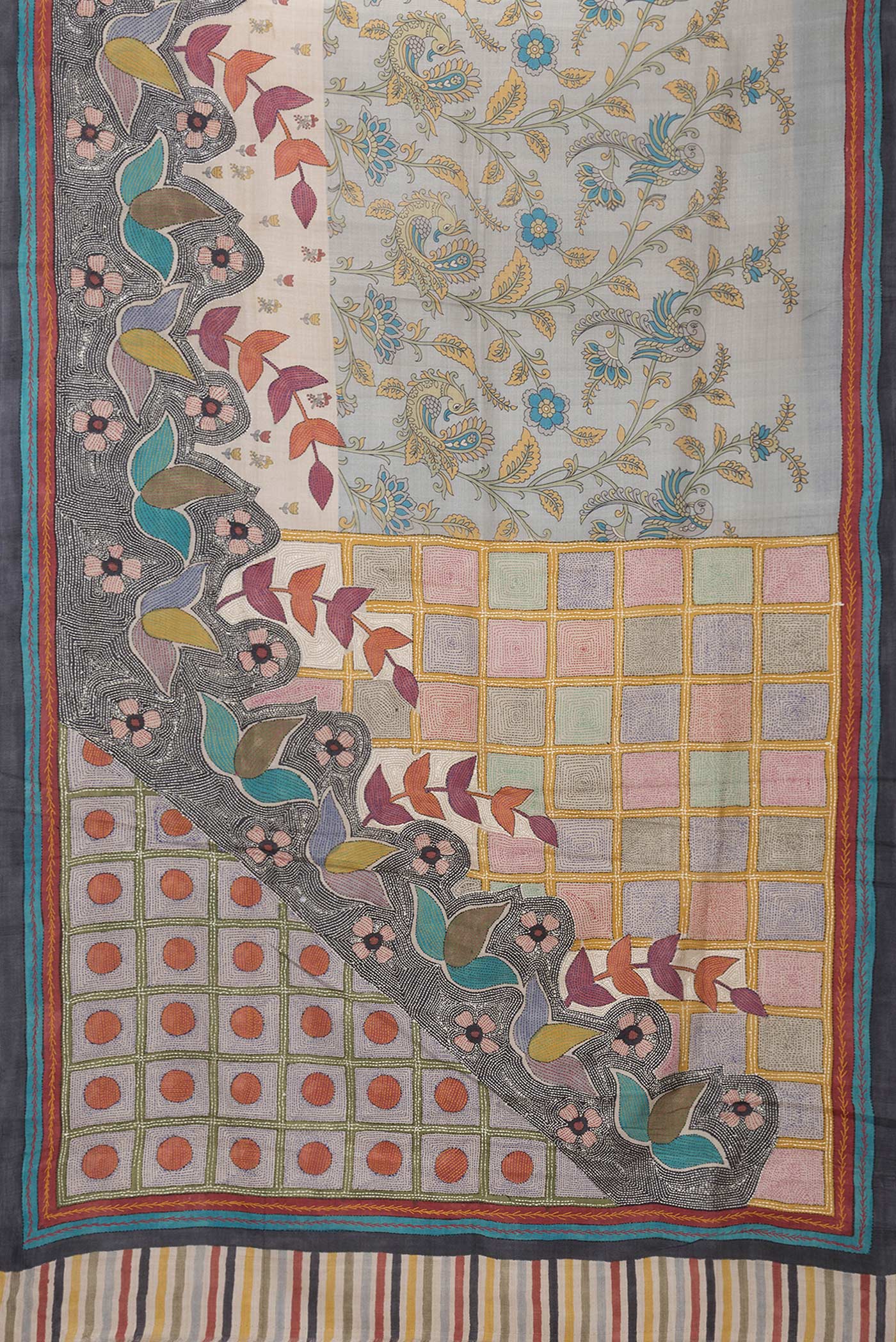 Flat view of Grey Dual Tone Tussar Silk Saree with Printed design on the body and Embroidery Border. 