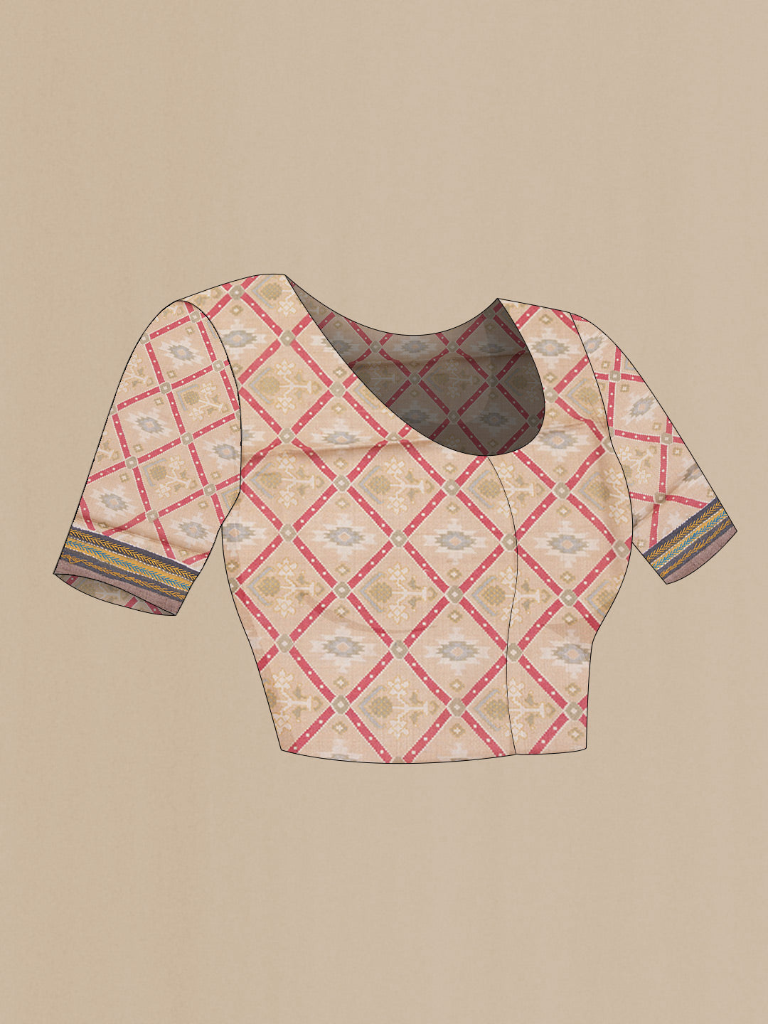 Close up image of the blouse of Beige Dual Tone Tussar Saree with Printed design on the body and Embroidery Border. 