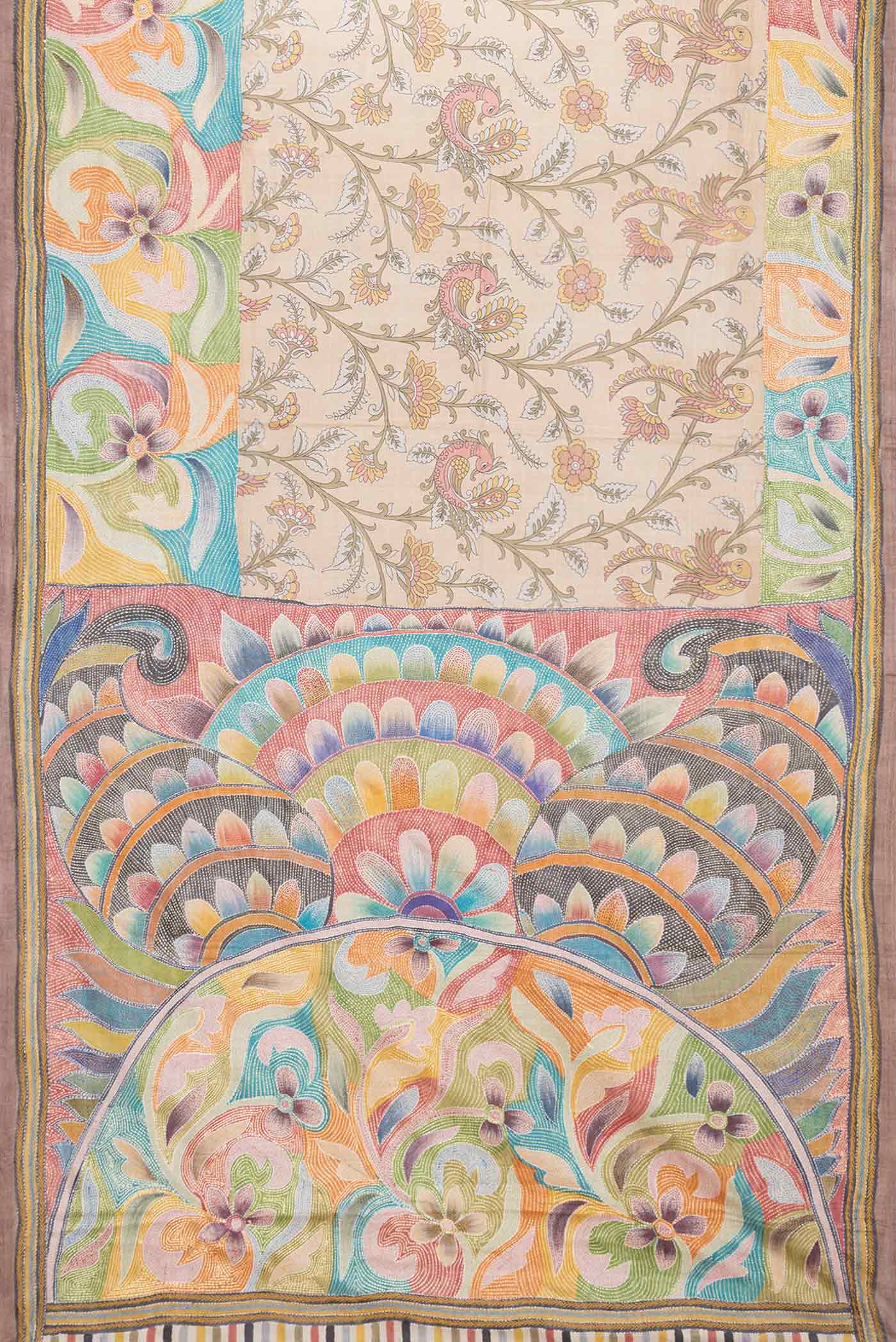 Flat view of Beige Dual Tone Tussar Saree with Printed design on the body and Embroidery Border. 