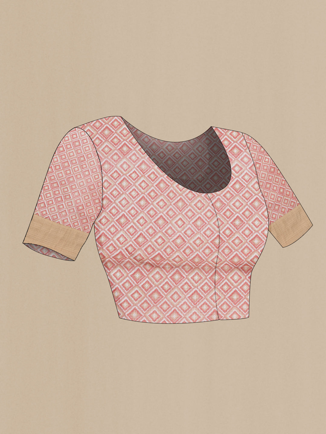 Close up image of the blouse of Pink Kota Silk Saree with Printed design on the body and Zari Border. 