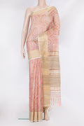 Pink Kota Silk Saree with Printed design on the body and Zari Border.  displayed on a mannequin