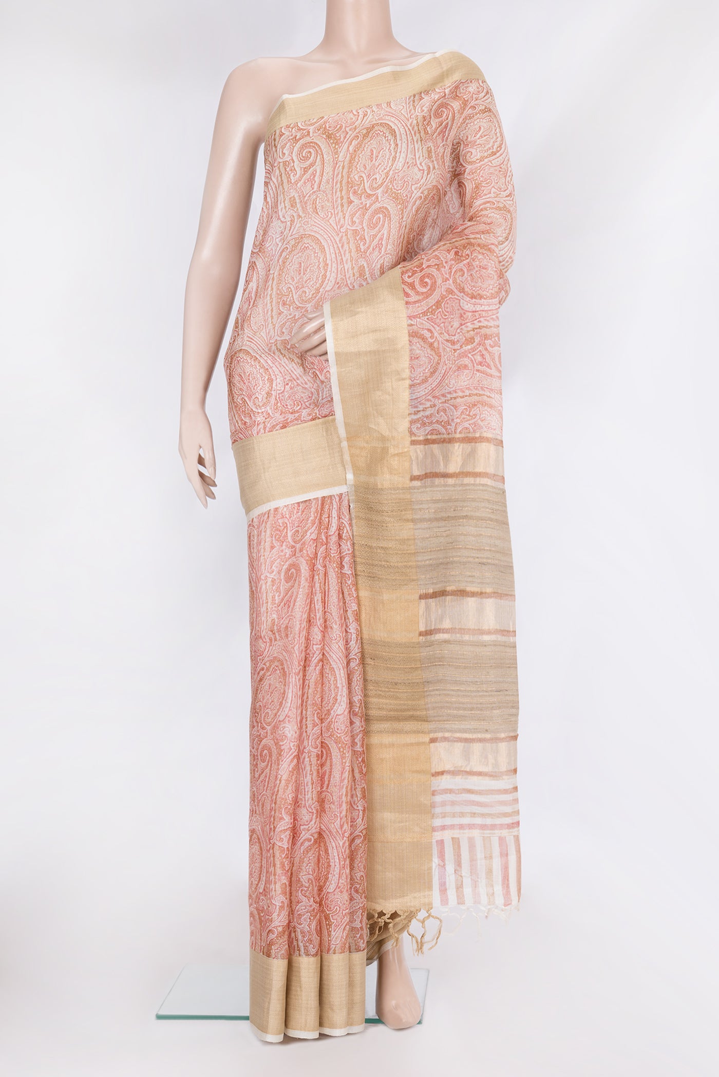 Pink Kota Silk Saree with Printed design on the body and Zari Border.  displayed on a mannequin
