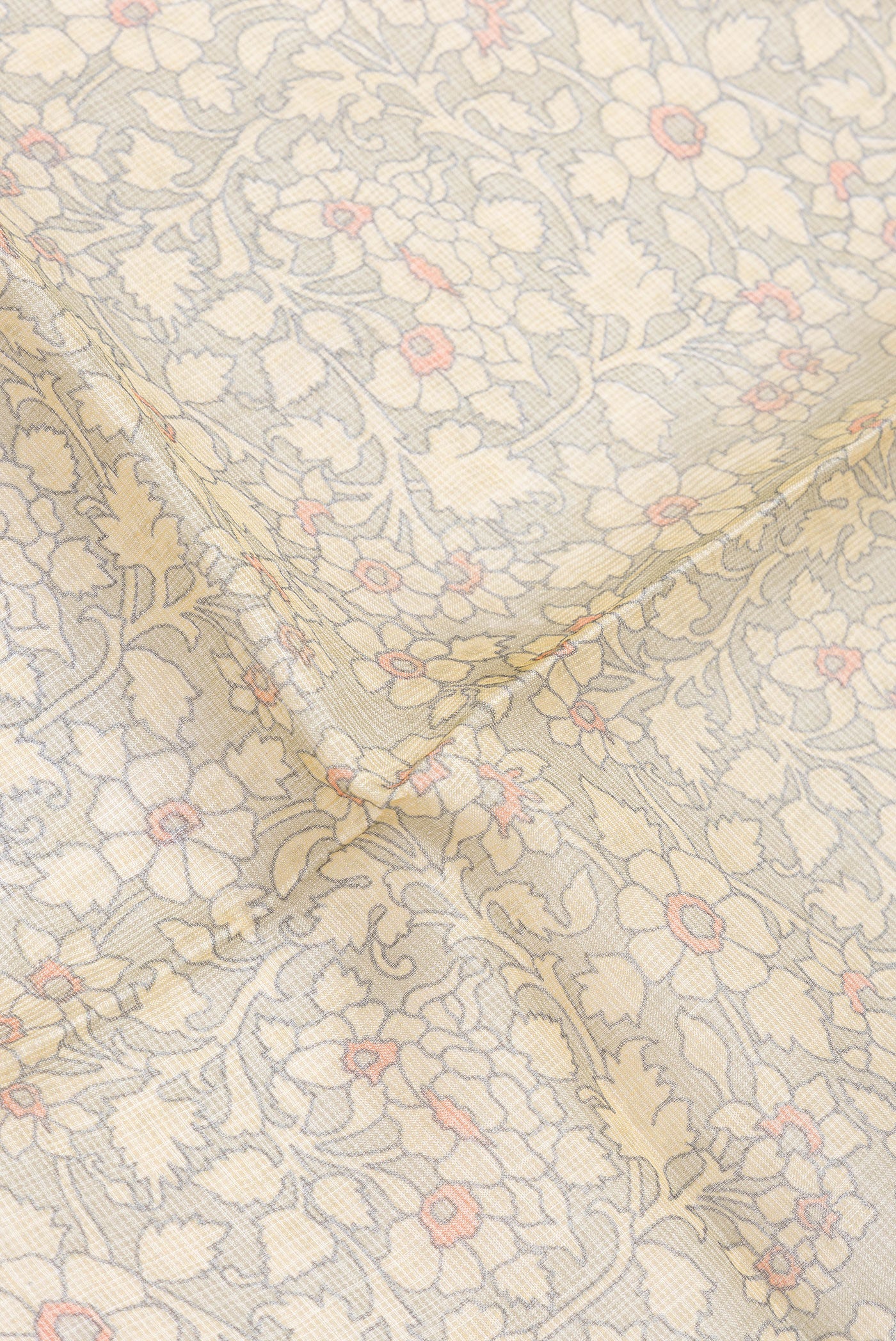 Close up of Sandal Dual Tone Kota Silk Saree with Printed design on the body and Zari Border.  displaying folds