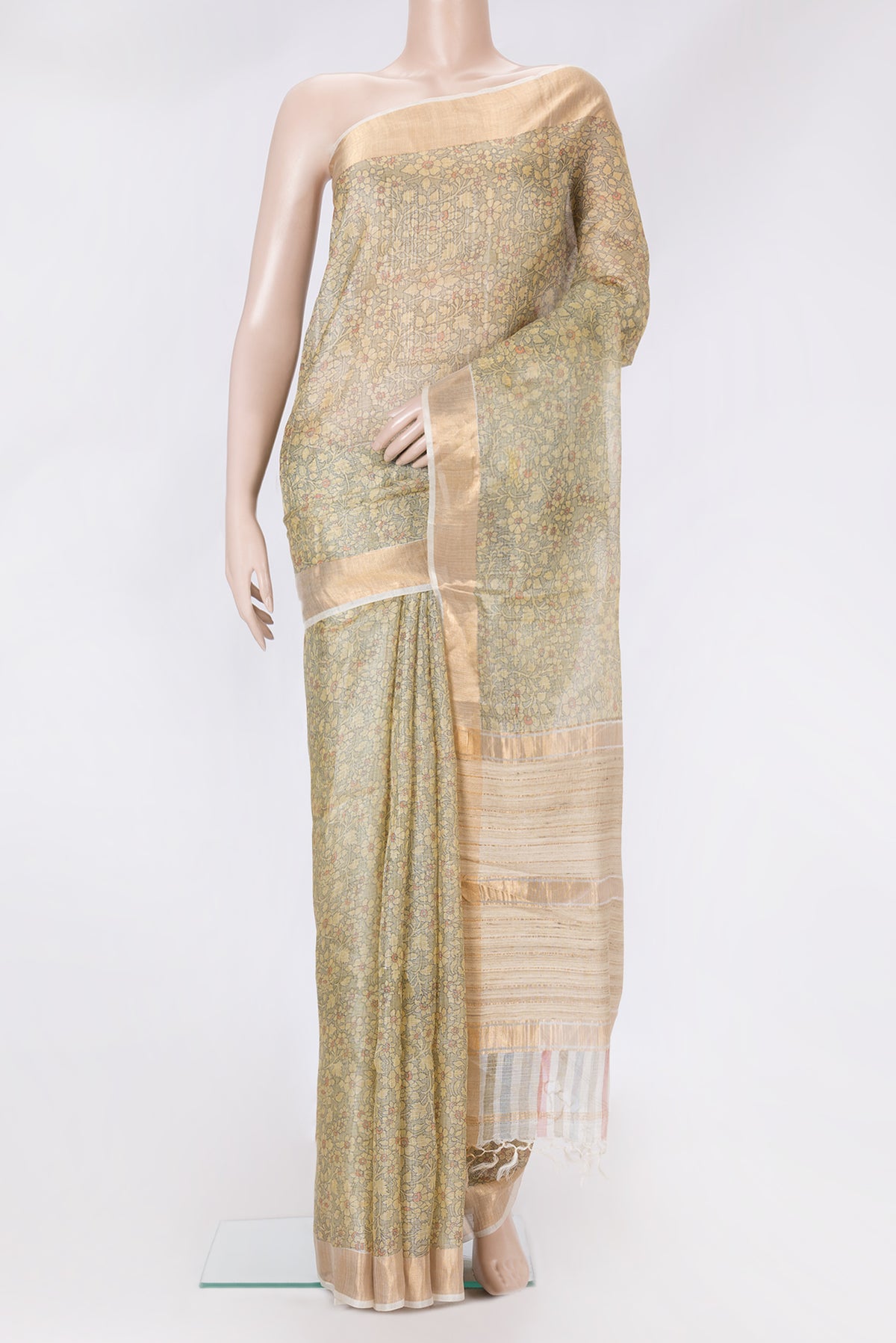 Sandal Dual Tone Kota Silk Saree with Printed design on the body and Zari Border.  displayed on a mannequin