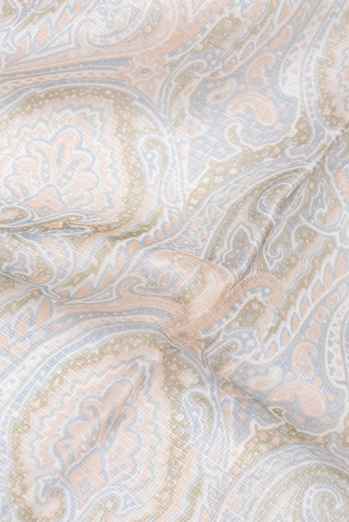 Close up of Grey Dual Tone Kota Silk Saree with Printed design on the body and Zari Border.  displaying folds