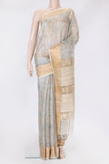 Grey Dual Tone Kota Silk Saree with Printed design on the body and Zari Border.  displayed on a mannequin