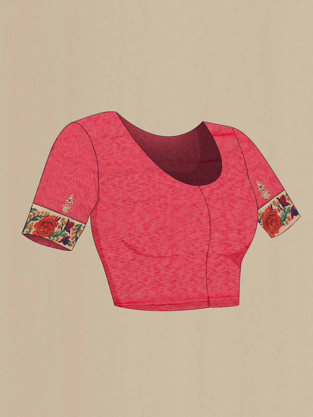 Close up image of the blouse of Red Linen Saree with Embroidery on the body and Fancy Border. 