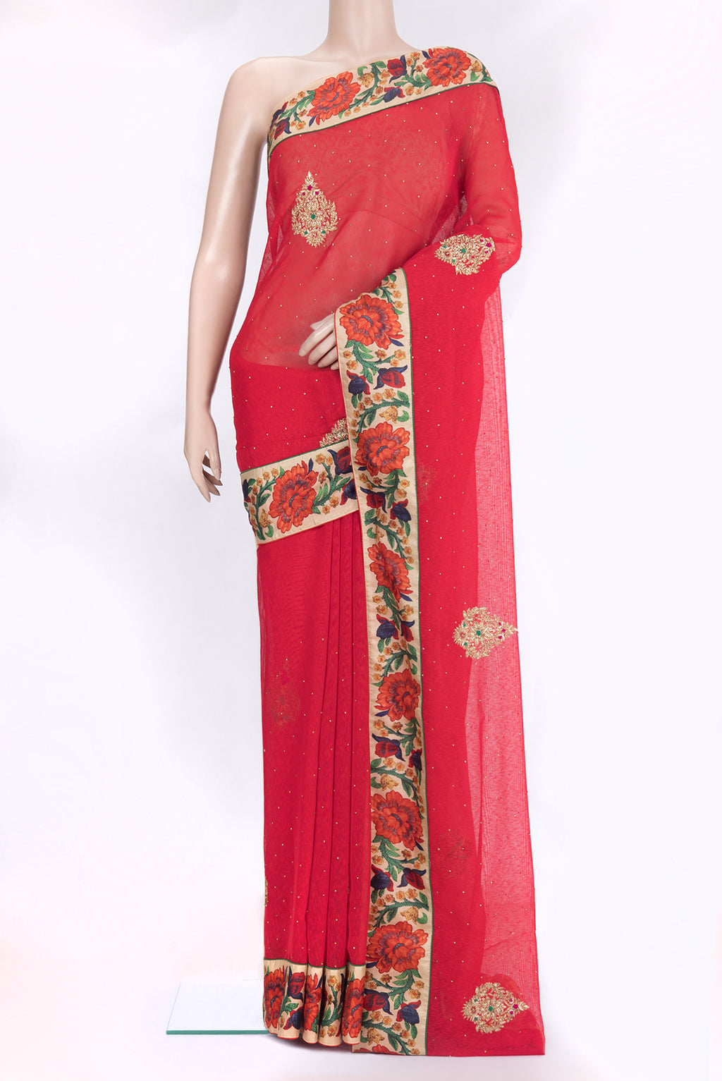 Red Linen Saree with Embroidery on the body and Fancy Border.  displayed on a mannequin