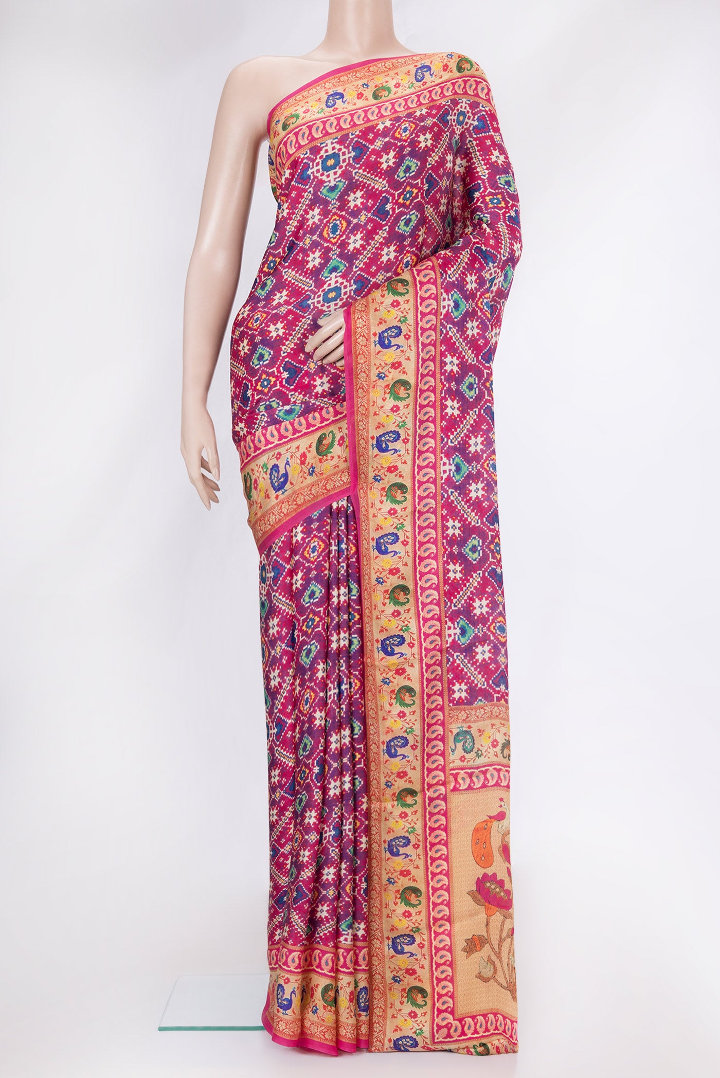 Purple Dual Tone Mysore Crepe Saree with Printed design on the body and Printed Border.  displayed on a mannequin