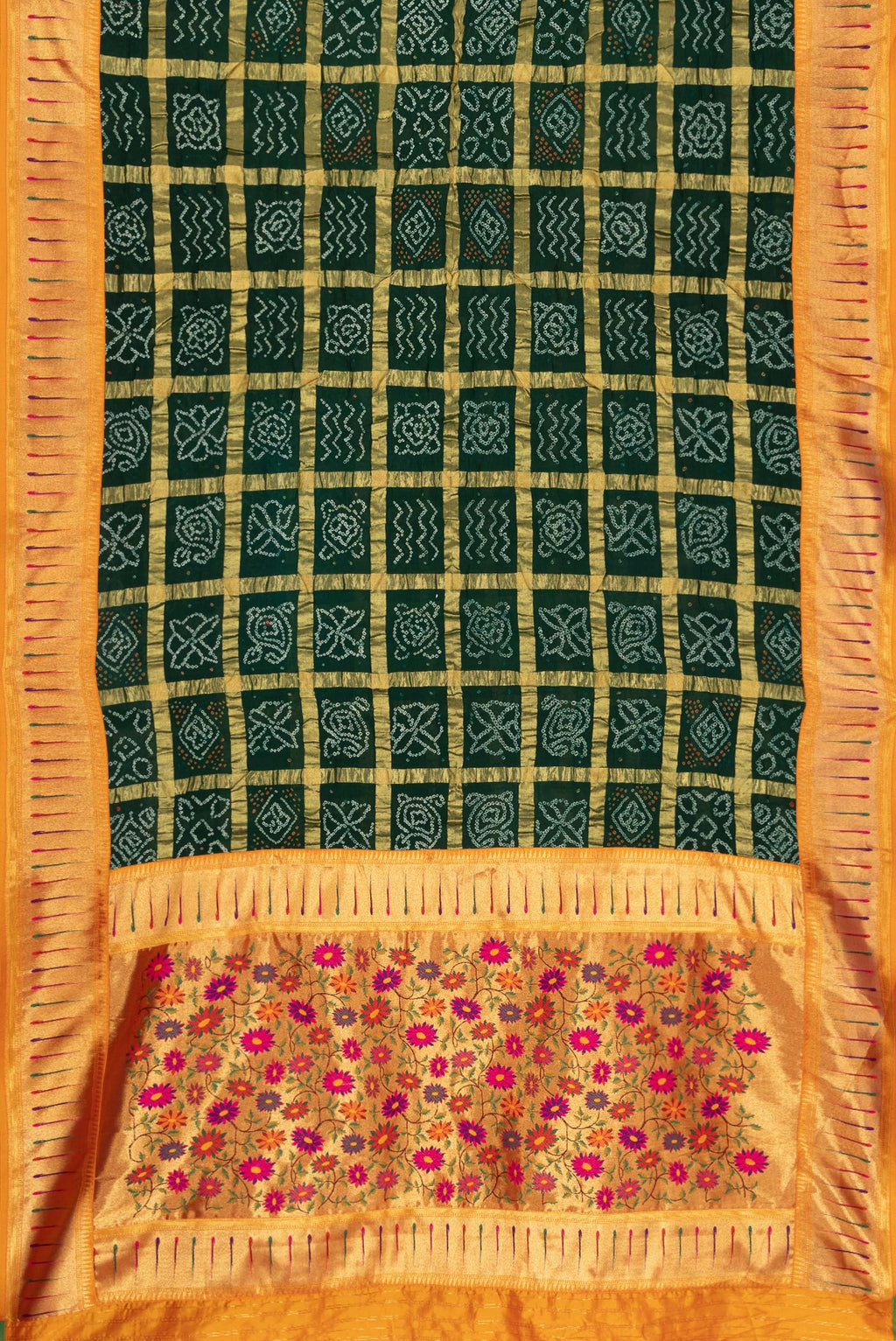Flat view of Bottle Green Dual Tone Bandhani Silk Saree with Bandhani Print on the body and Paithani Border. 