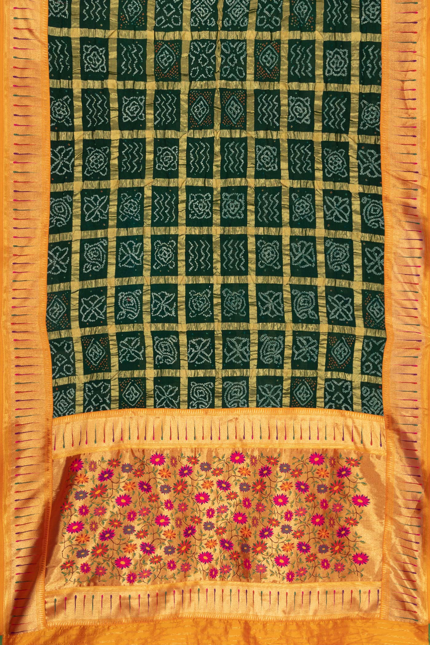 Flat view of Bottle Green Dual Tone Bandhani Silk Saree with Bandhani Print on the body and Paithani Border. 