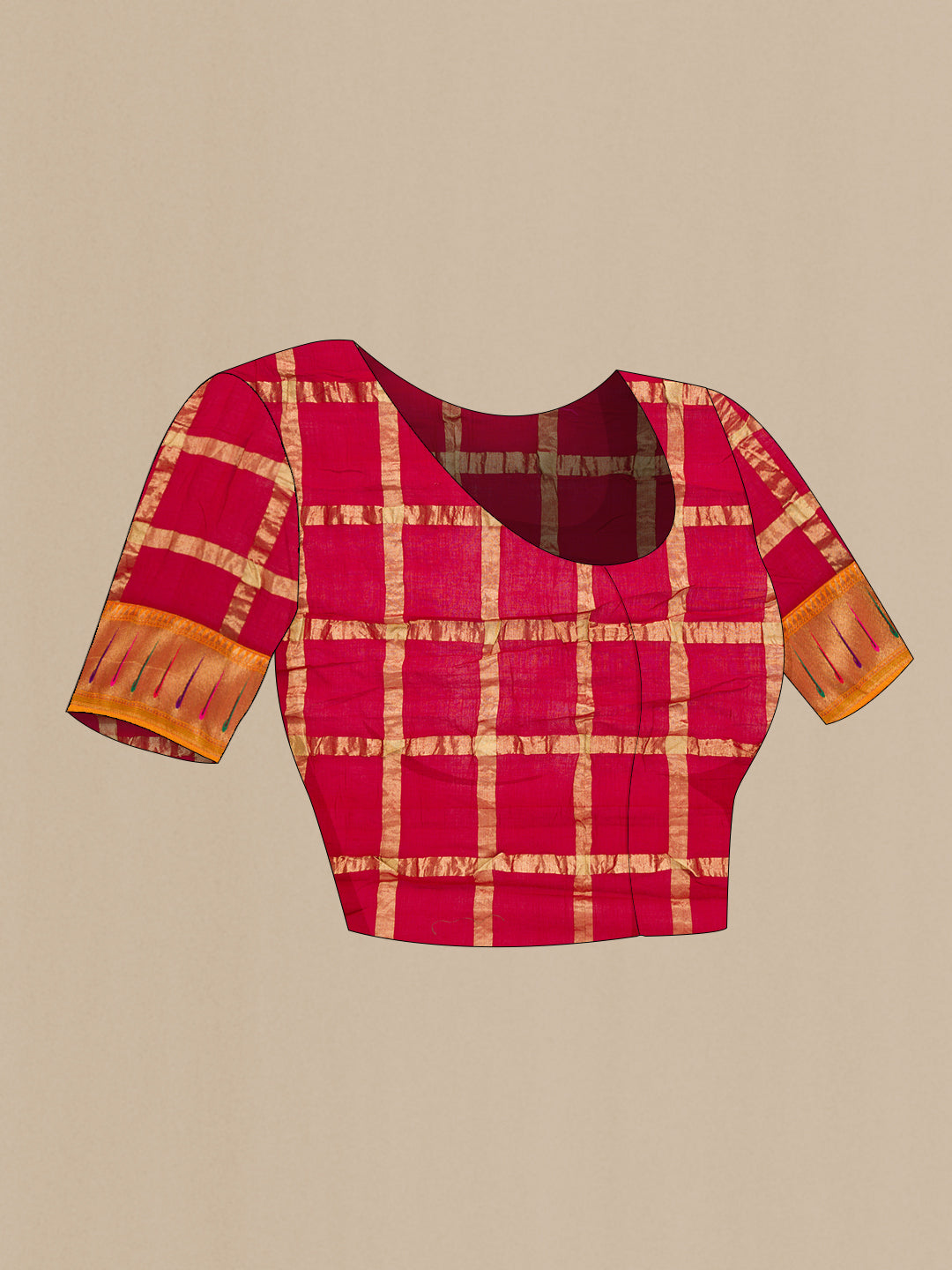 Close up image of the blouse of Maroon Dual Tone Bandhani Georgette Saree with Bandhani Print on the body and Paithani Border. 