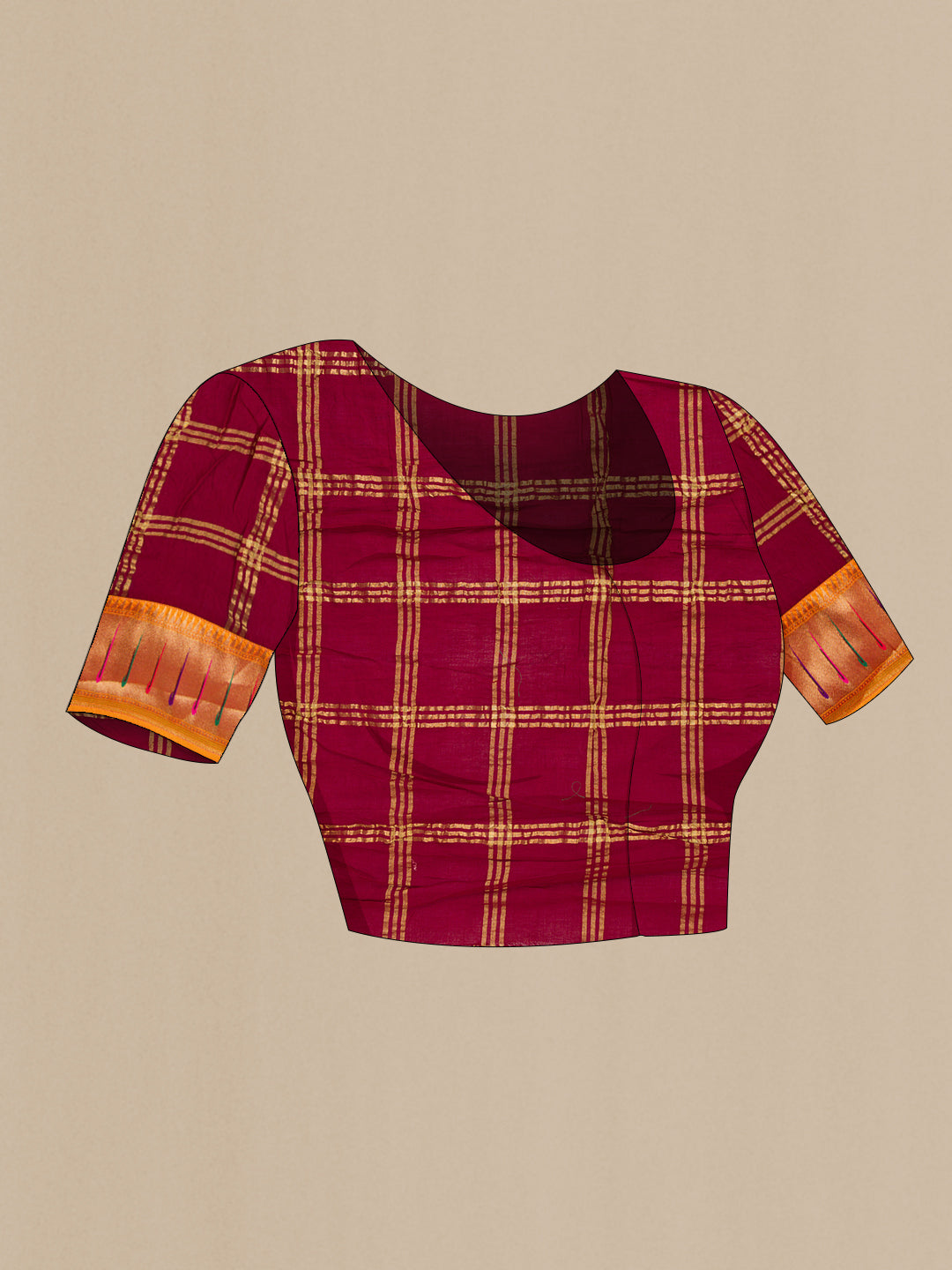 Close up image of the blouse of Maroon Dual Tone Bandhani Silk Saree with Bandhani Print on the body and Paithani Border. 