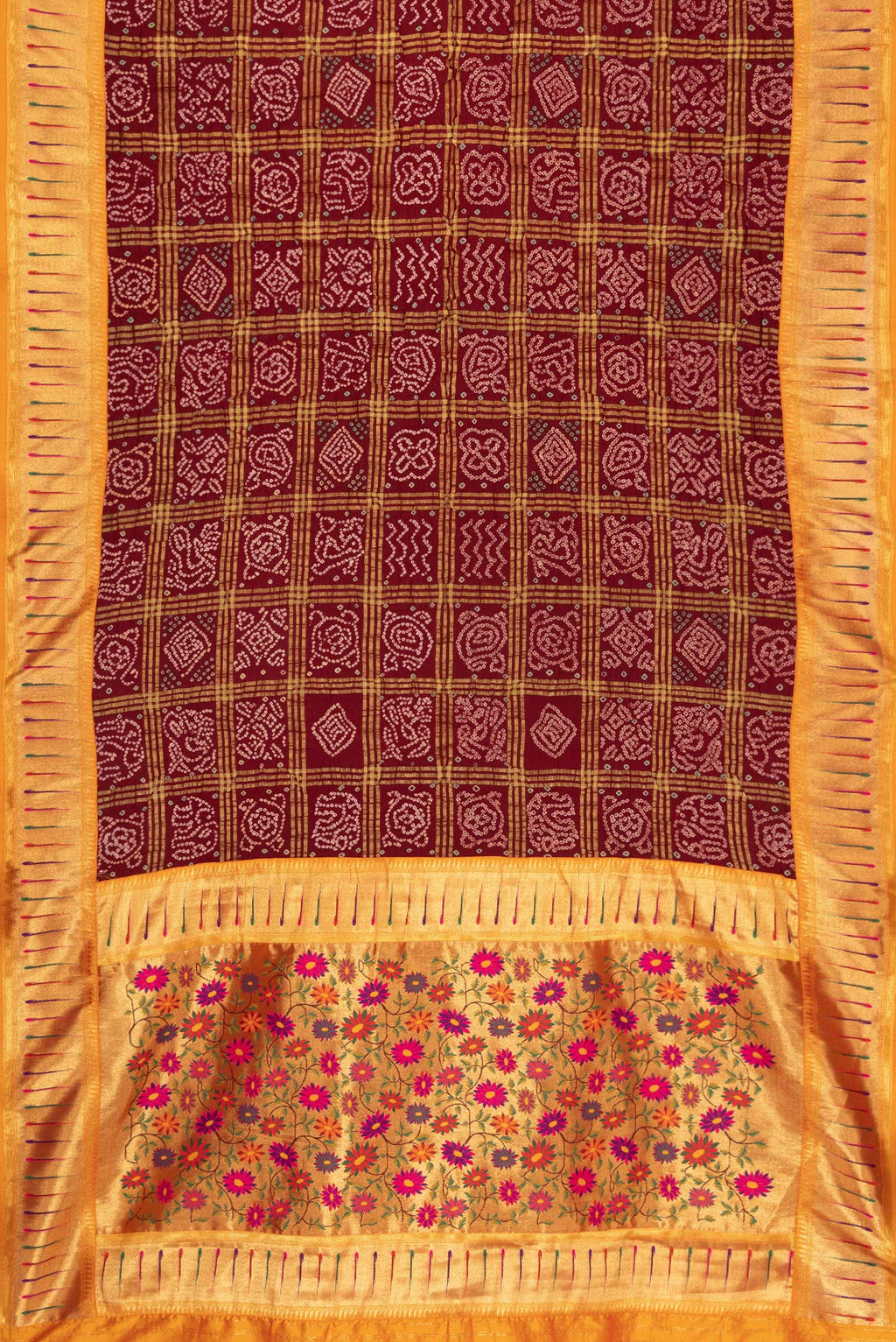 Flat view of Maroon Dual Tone Bandhani Silk Saree with Bandhani Print on the body and Paithani Border. 