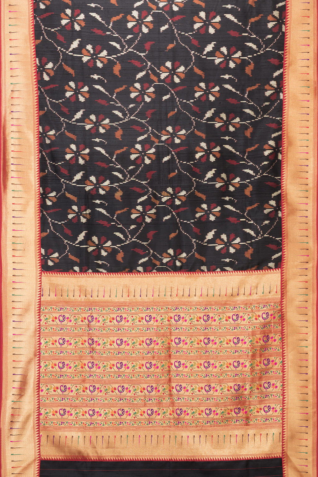 Flat view of Black Dual Tone Double Ikat Saree with Ikat Print on the body and Paithani Border. 