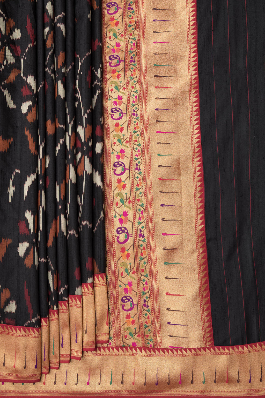Pleats and pallu of Black Dual Tone Double Ikat Saree with Ikat Print on the body and Paithani Border. 