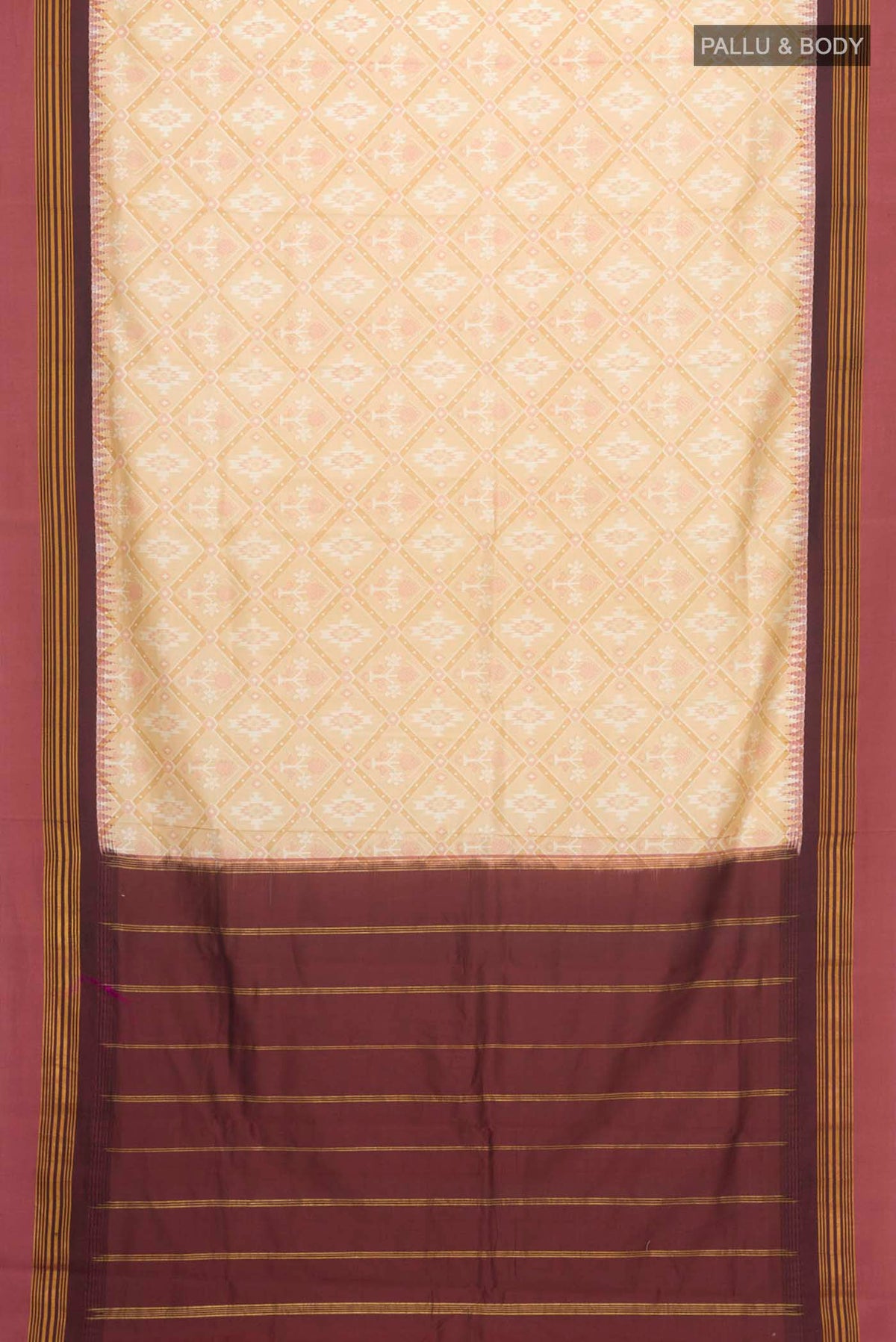 Flat view of Beige Printed Silk Saree with Printed design on the body and Zari Border