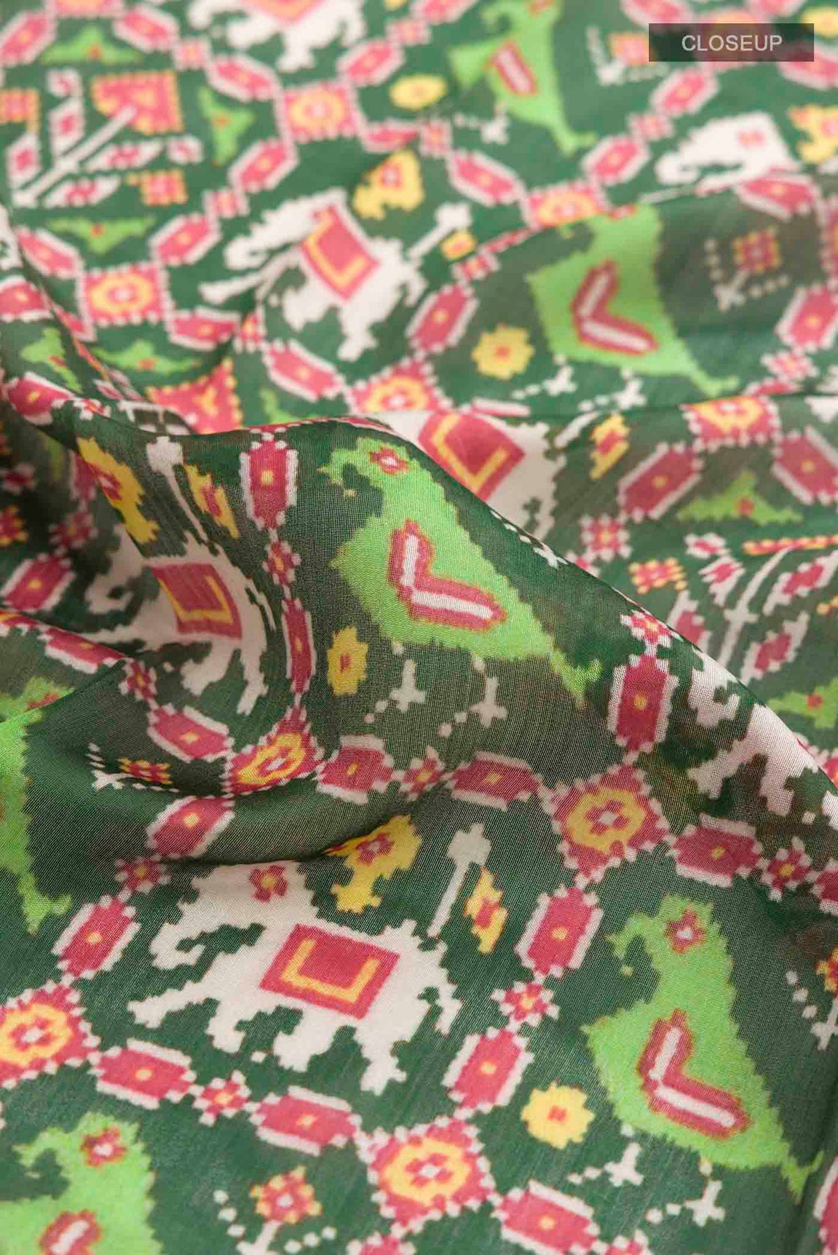 Close up of Green Tussar Silk Saree with Printed design on the body and Zari Border displaying folds
