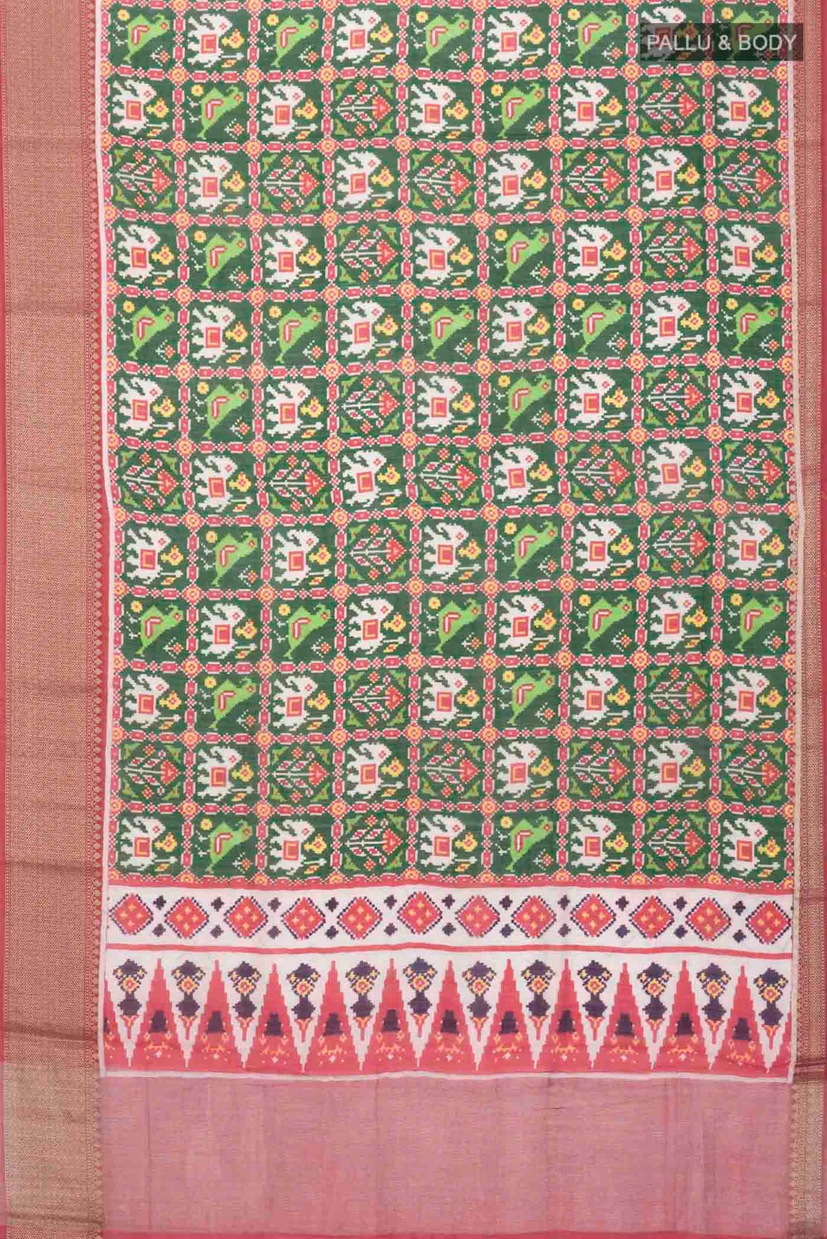 Flat view of Green Tussar Silk Saree with Printed design on the body and Zari Border