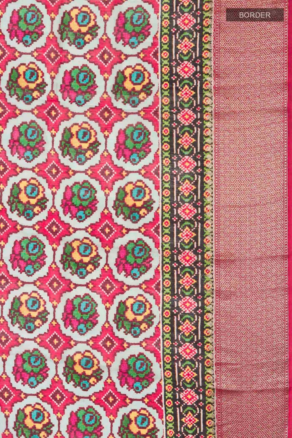 Border image of Grey Bhagalpuri Tussar Silk Saree with Printed design on the body and Zari Border
