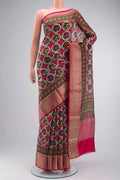 Grey Bhagalpuri Tussar Silk Saree with Printed design on the body and Zari Border displayed on a mannequin