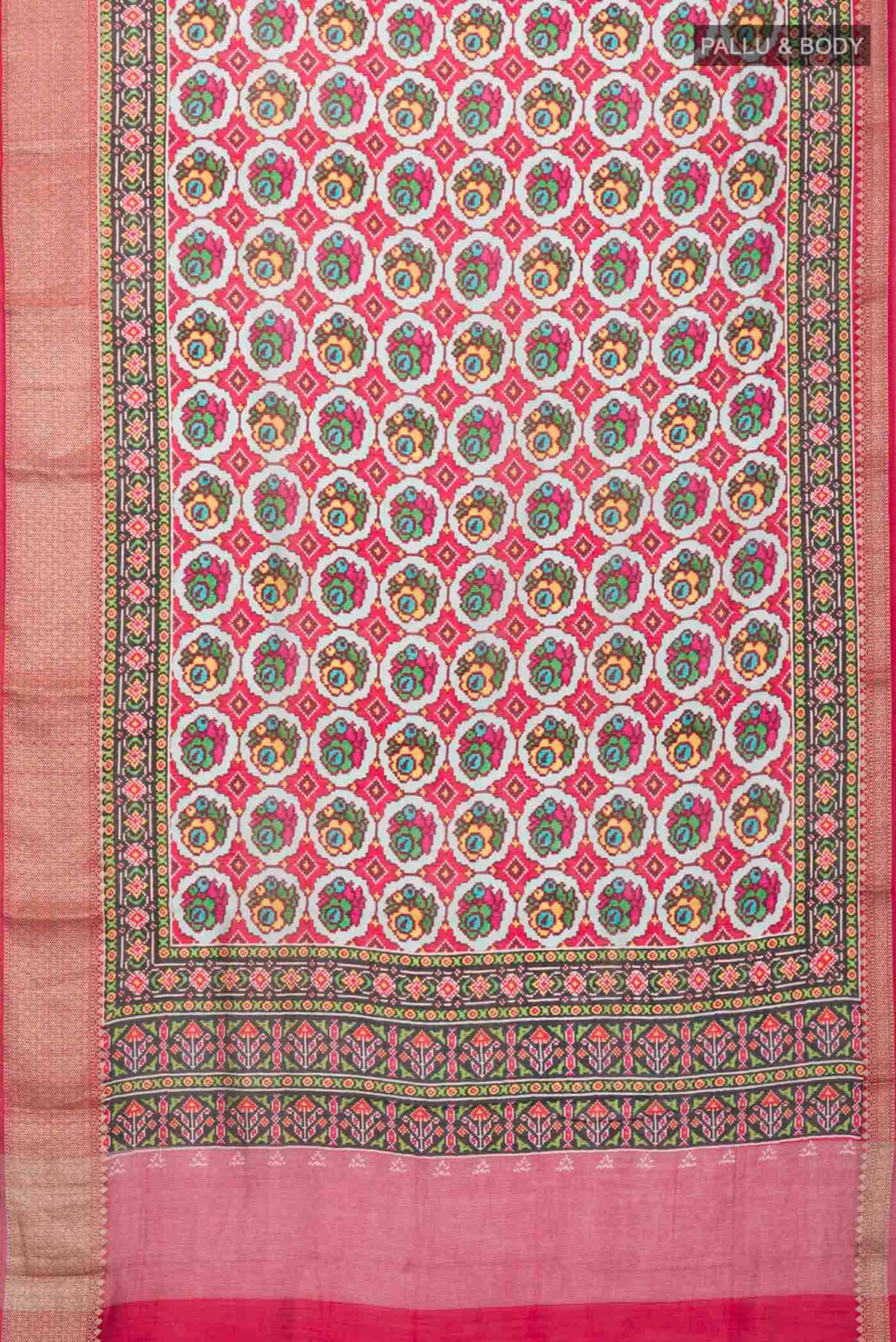 Flat view of Grey Bhagalpuri Tussar Silk Saree with Printed design on the body and Zari Border