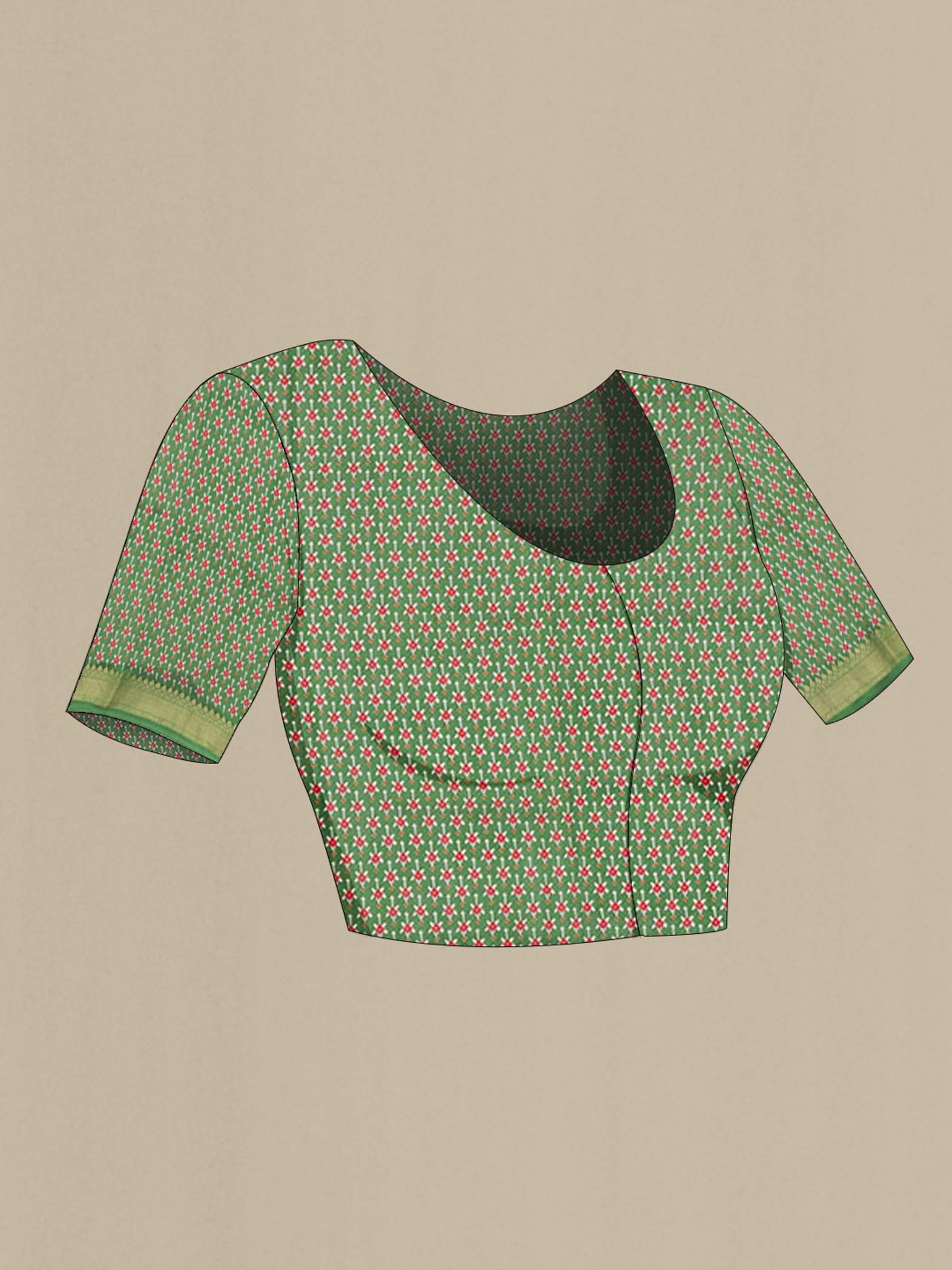 Close up image of the blouse of Green Tussar Silk Saree with Printed design on the body and Zari Border