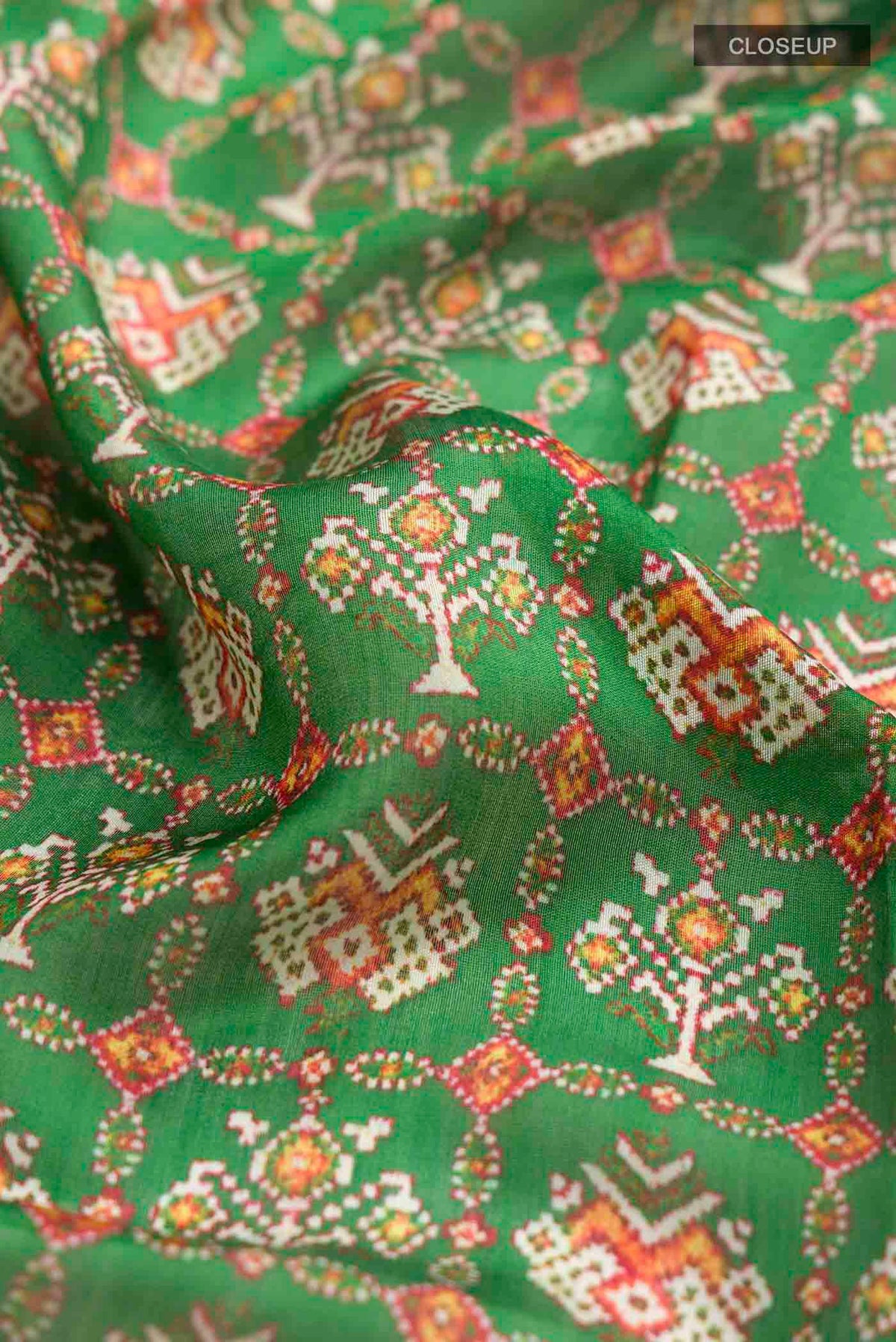 Close up of Green Tussar Silk Saree with Printed design on the body and Zari Border displaying folds