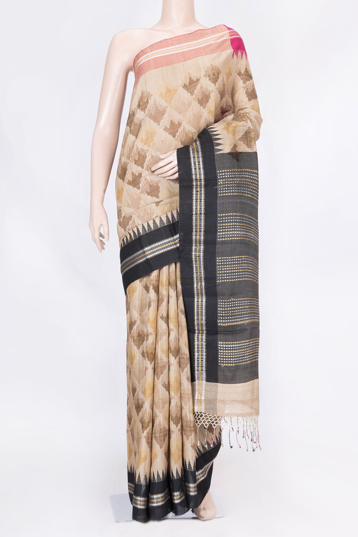 Beige Dual Tone Tussar Saree with Printed design on the body and Thread Border displayed on a mannequin