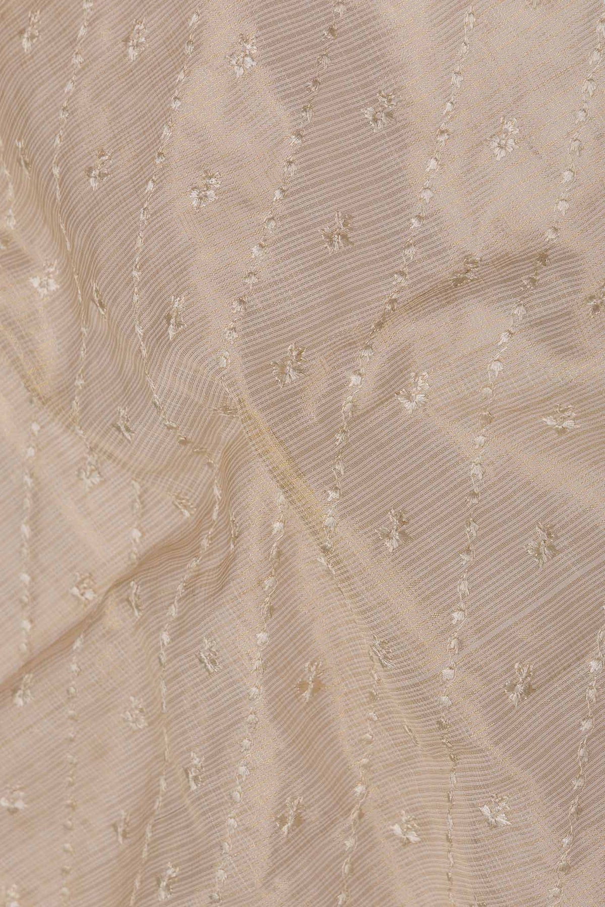Close up of Beige Dual Tone Kota Silk Saree with Embroidery on the body and Zari Border displaying folds
