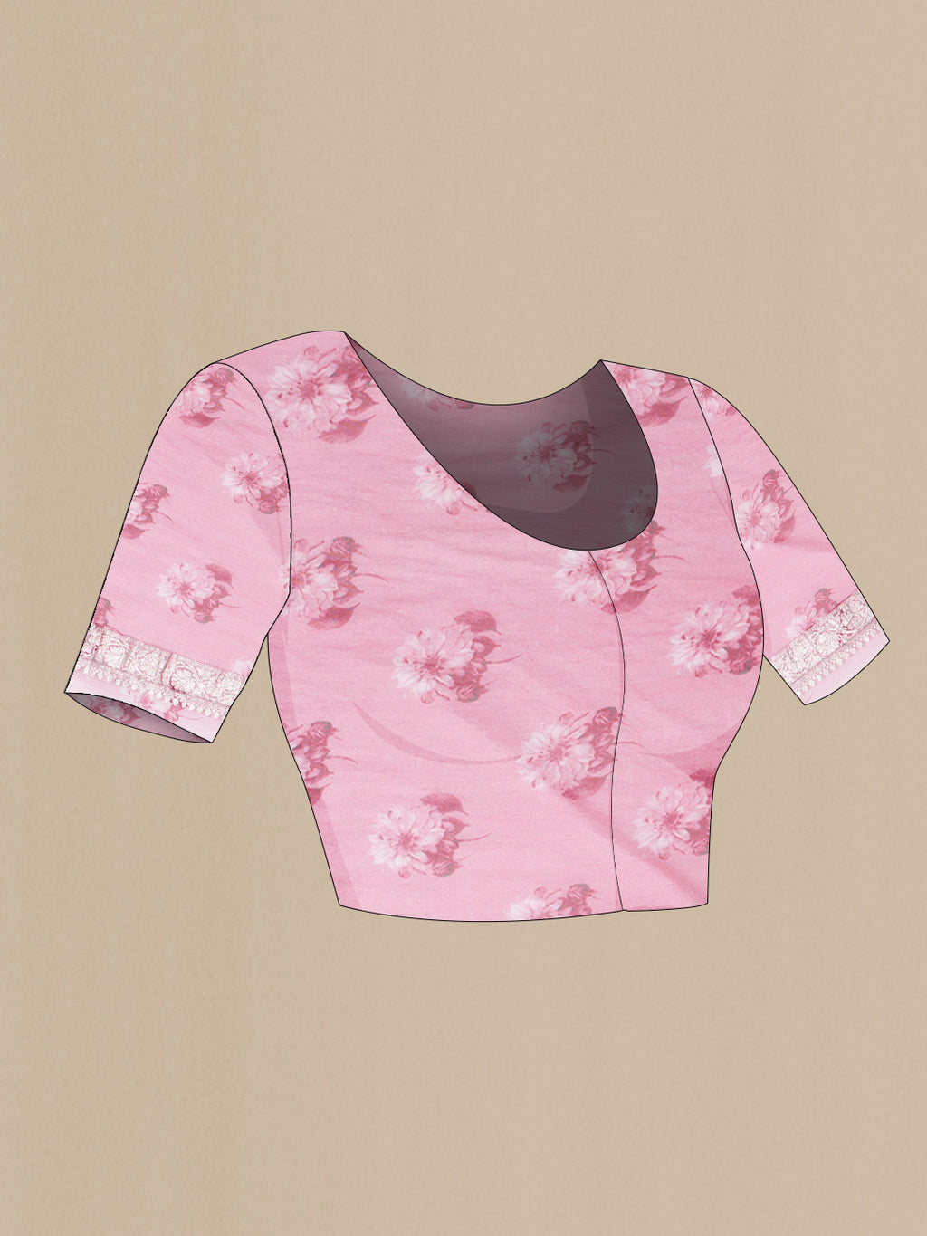 Close up image of the blouse of Pink Dual Tone Mysore Georgette Saree with Printed design on the body and Zari Border. 