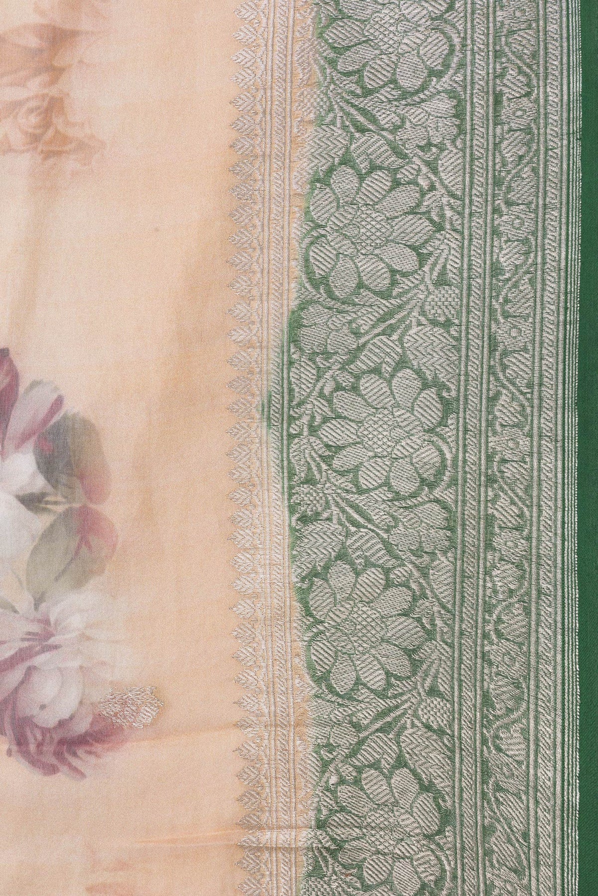 Border image of Beige Dual Tone Banarasi Georgette Saree with Printed design on the body and Zari Border. 