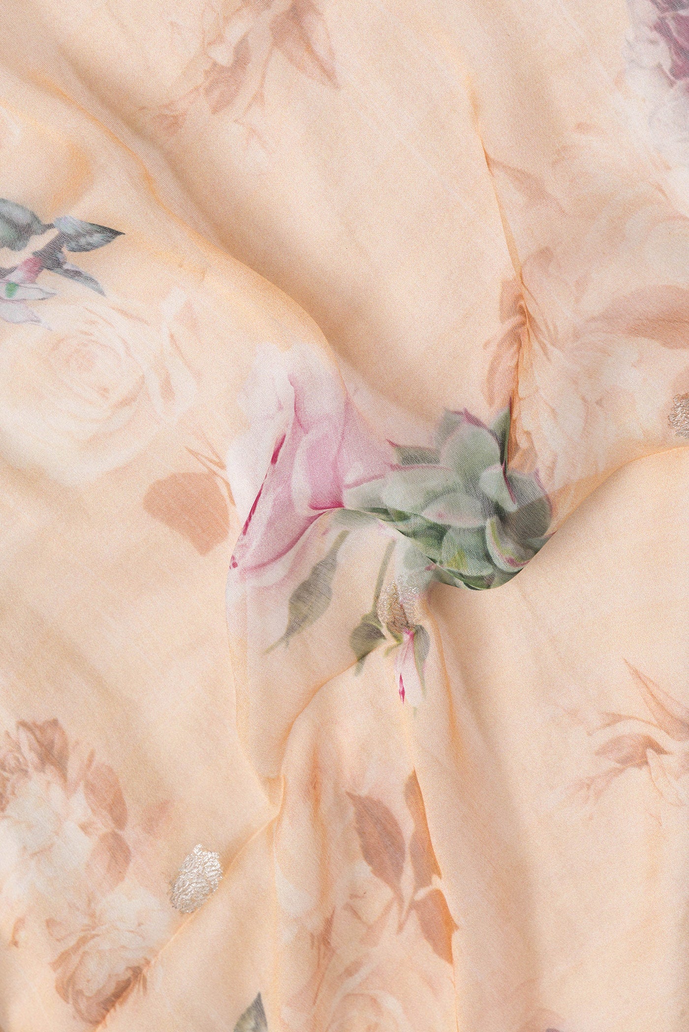 Close up of Beige Dual Tone Banarasi Georgette Saree with Printed design on the body and Zari Border.  displaying folds