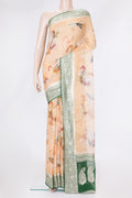 Beige Dual Tone Banarasi Georgette Saree with Printed design on the body and Zari Border.  displayed on a mannequin